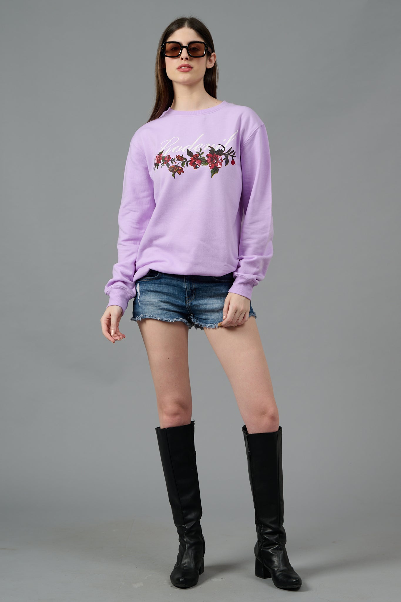 Go Devil with Flower Printed Purple Sweatshirt for Women