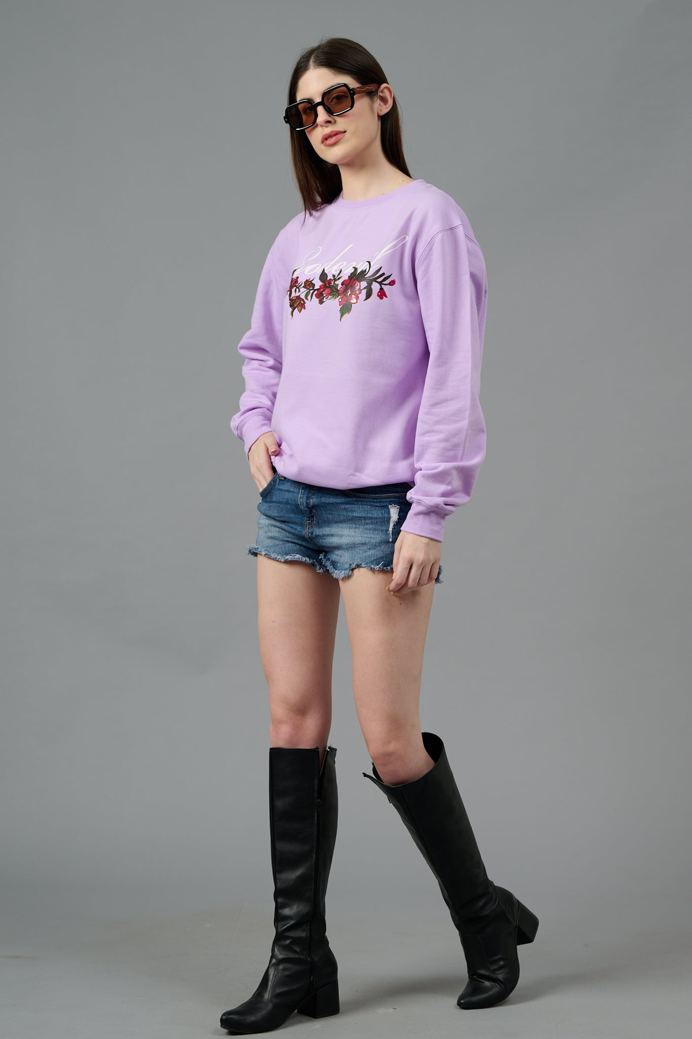 Go Devil with Flower Printed Purple Sweatshirt for Women