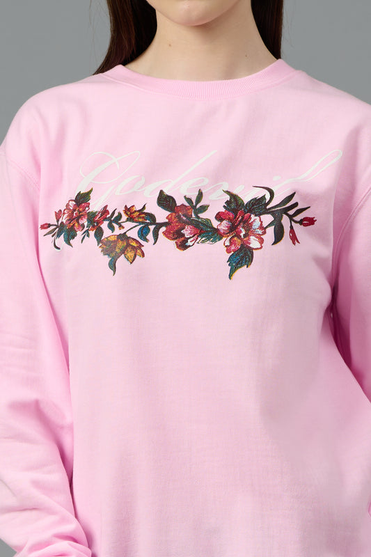 Go Devil with Flower Printed Pink Sweatshirt for Women
