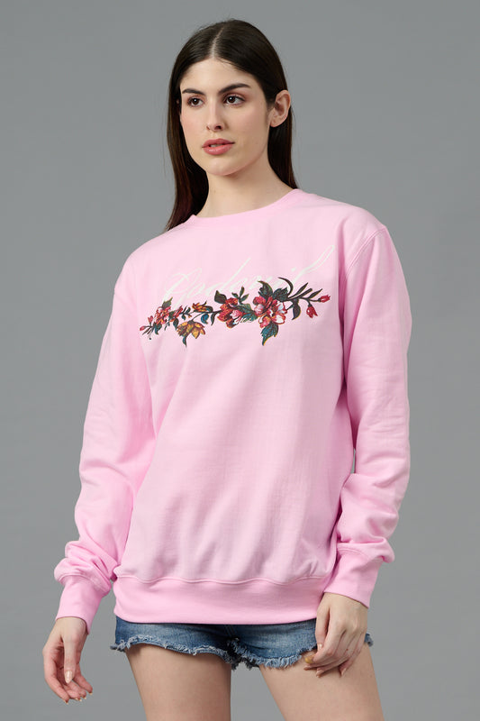 Go Devil with Flower Printed Pink Sweatshirt for Women