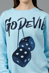 Go Devil Dice Printed Blue Sweatshirt for Women