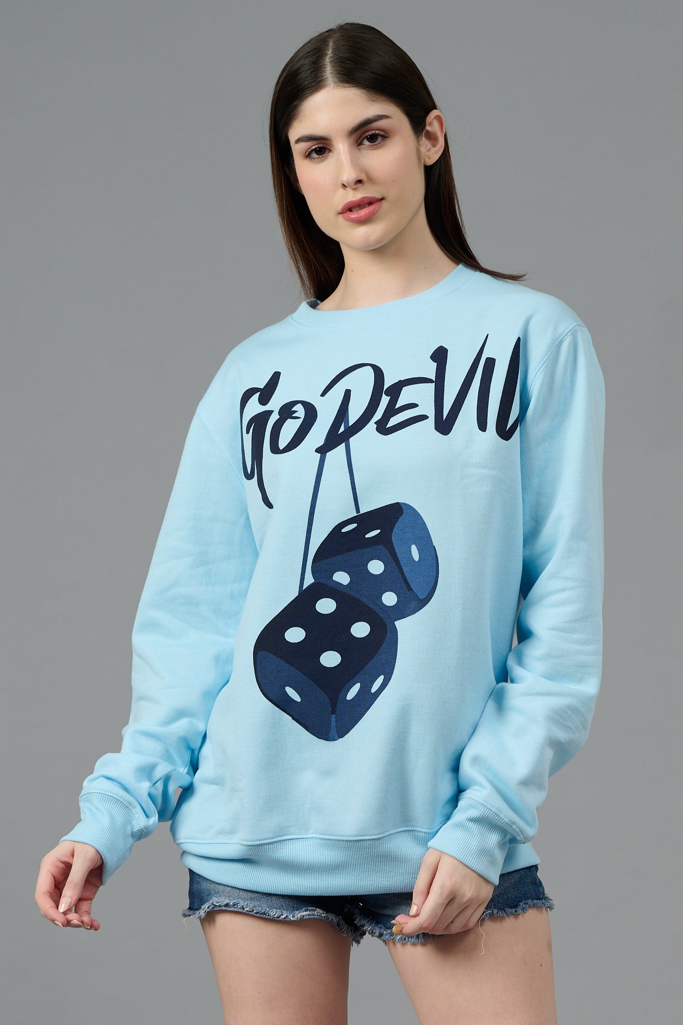 Go Devil Dice Printed Blue Sweatshirt for Women