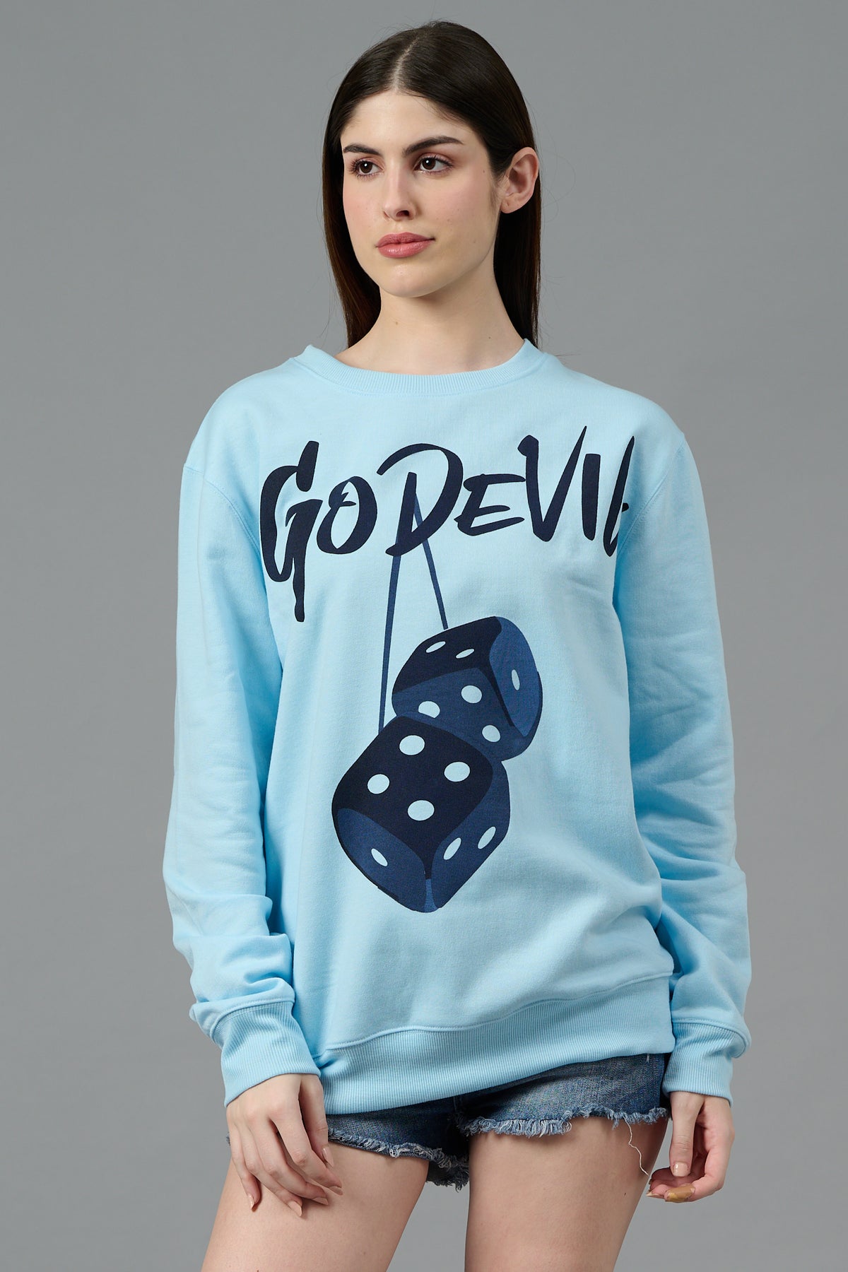 Go Devil Dice Printed Blue Sweatshirt for Women