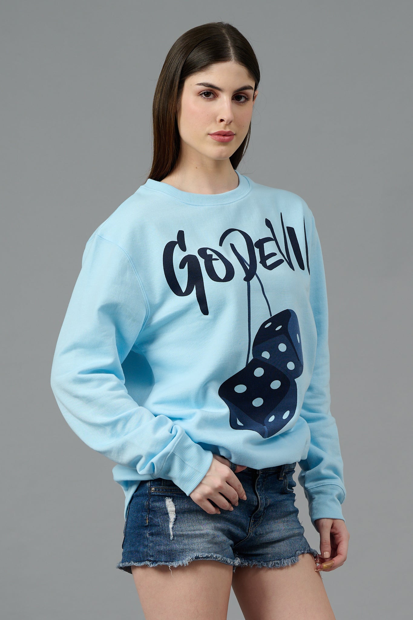 Go Devil Dice Printed Blue Sweatshirt for Women