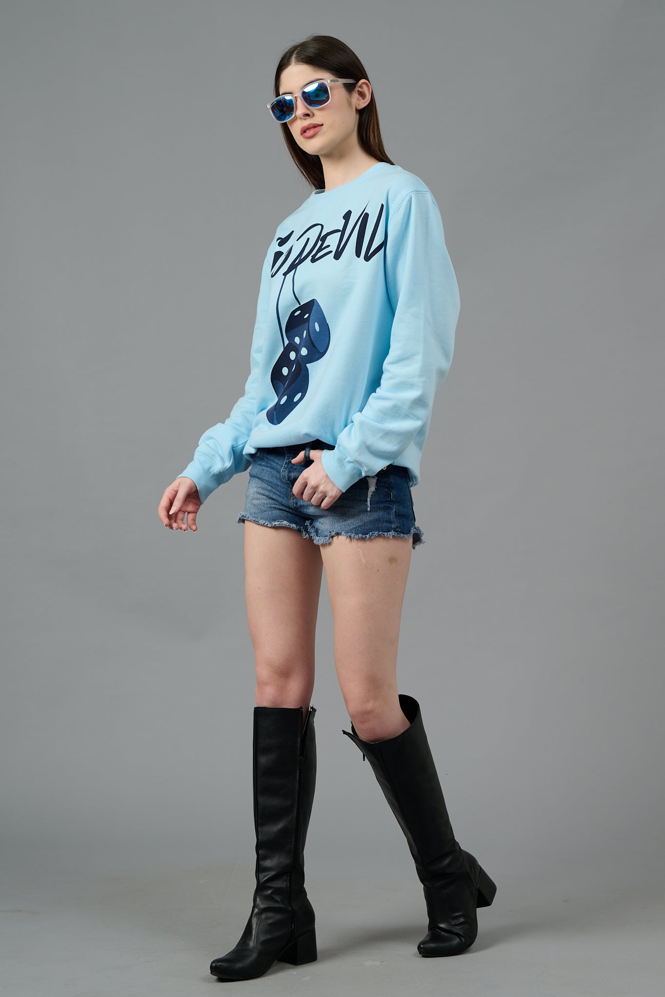 Go Devil Dice Printed Blue Sweatshirt for Women