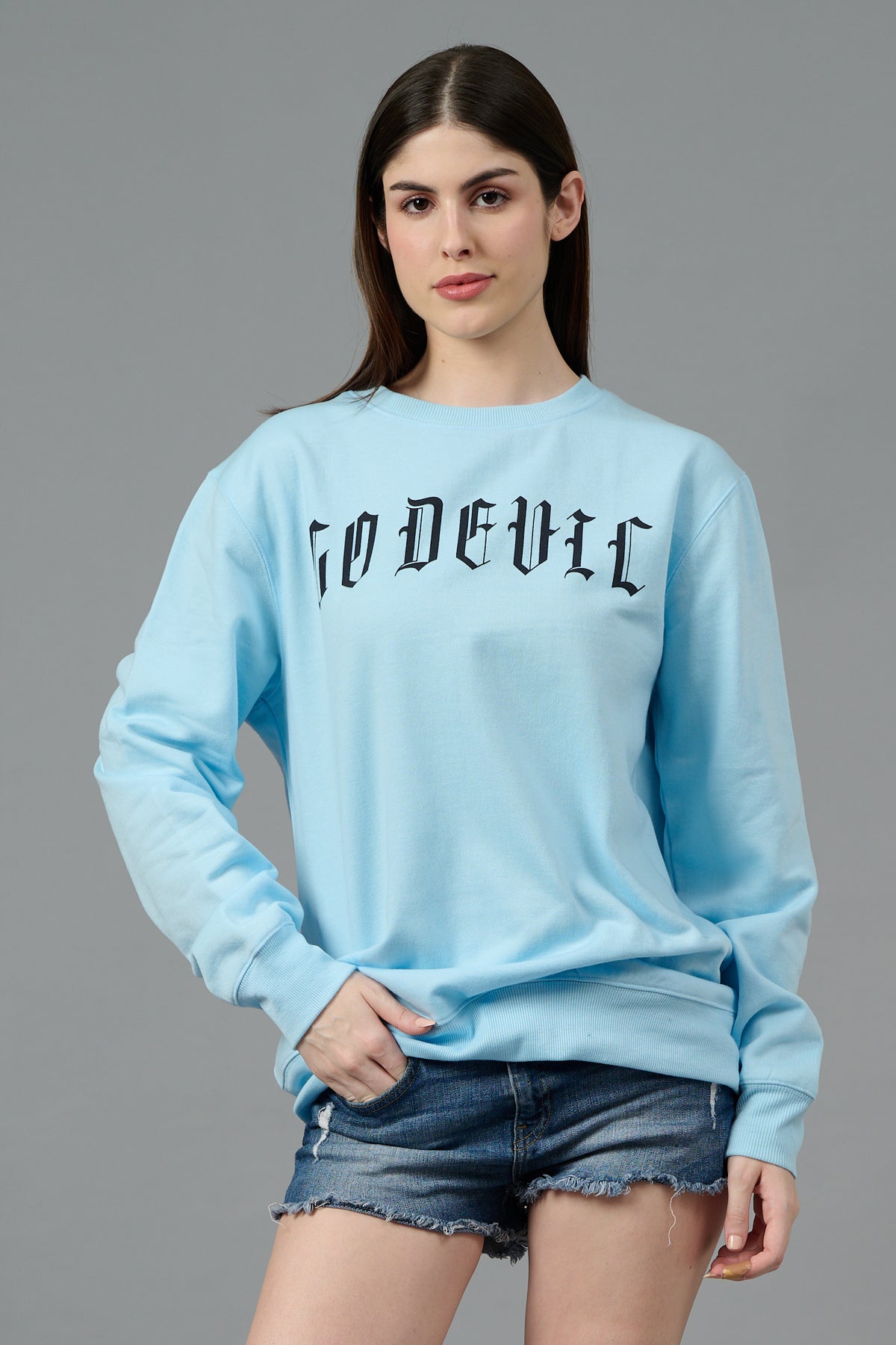 Go Devil Back Dice Printed Blue Sweatshirt for Women