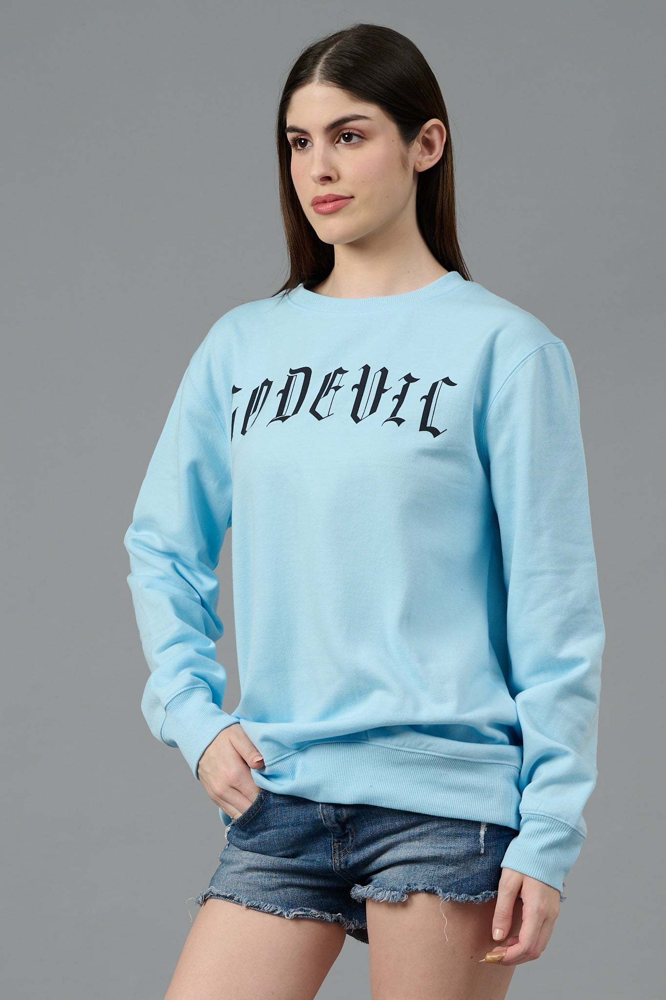 Go Devil Back Dice Printed Blue Sweatshirt for Women