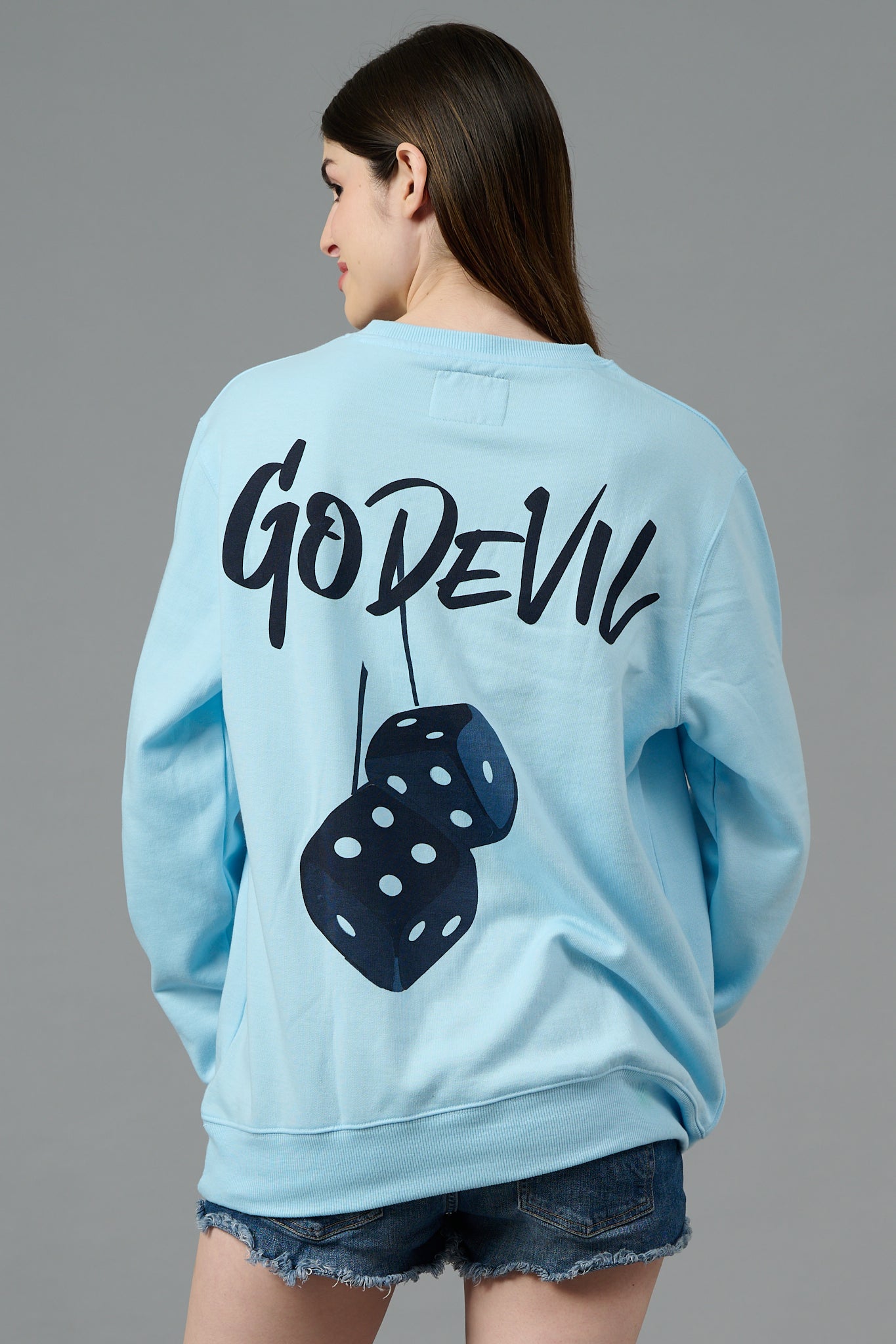 Go Devil Back Dice Printed Blue Sweatshirt for Women