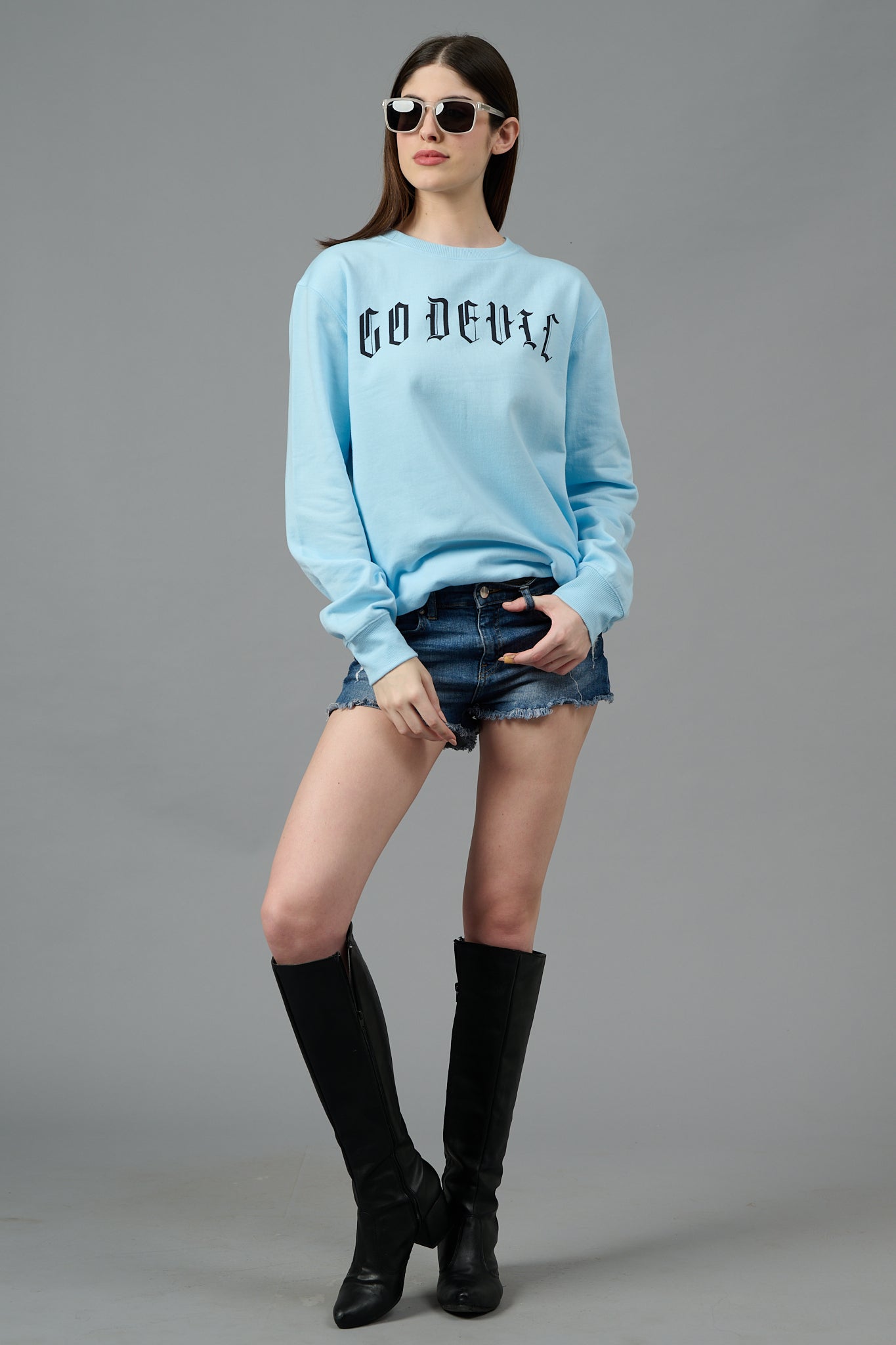 Go Devil Back Dice Printed Blue Sweatshirt for Women