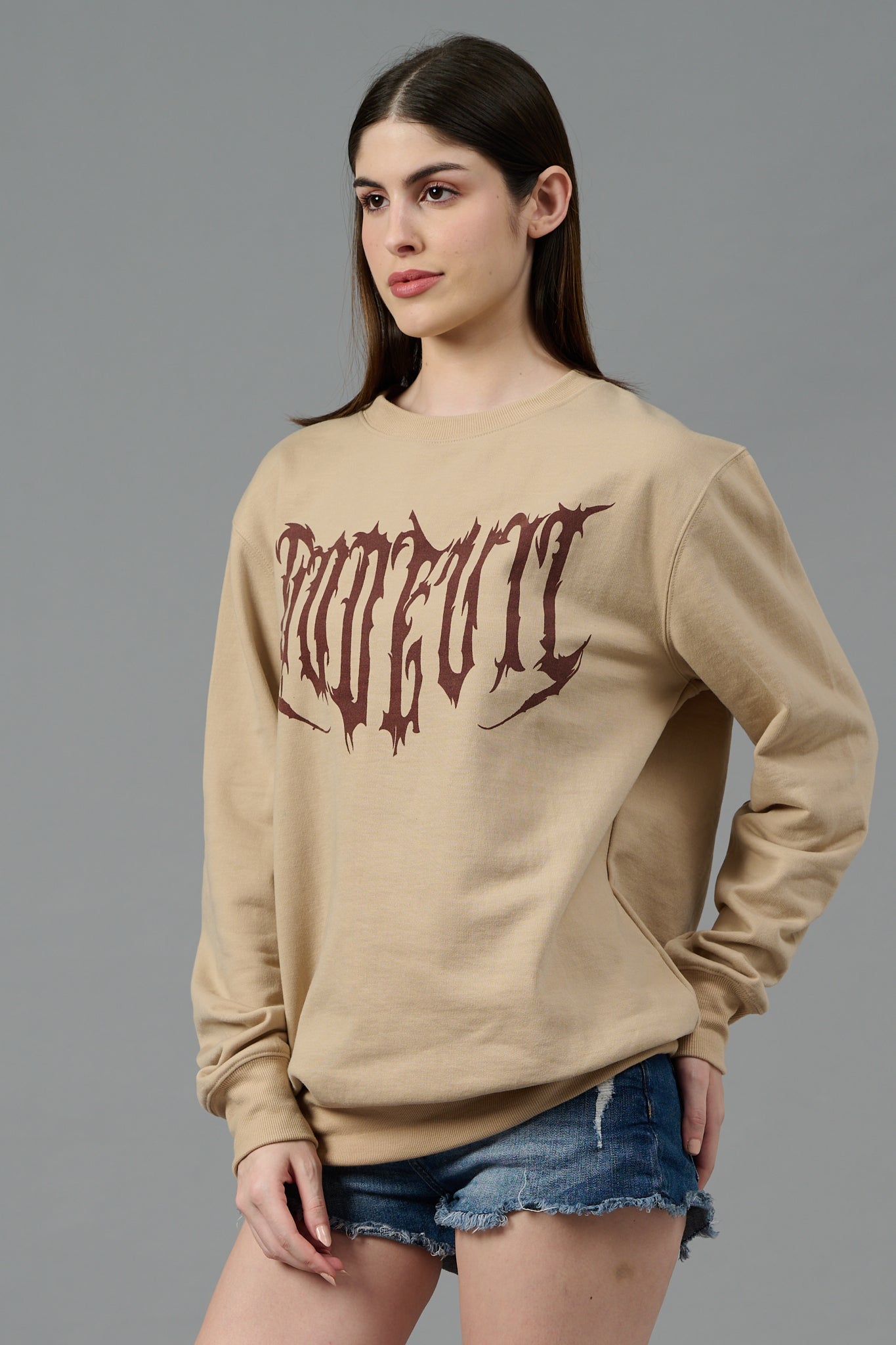 Designer Go Devil Printed Beige Sweatshirt for Women