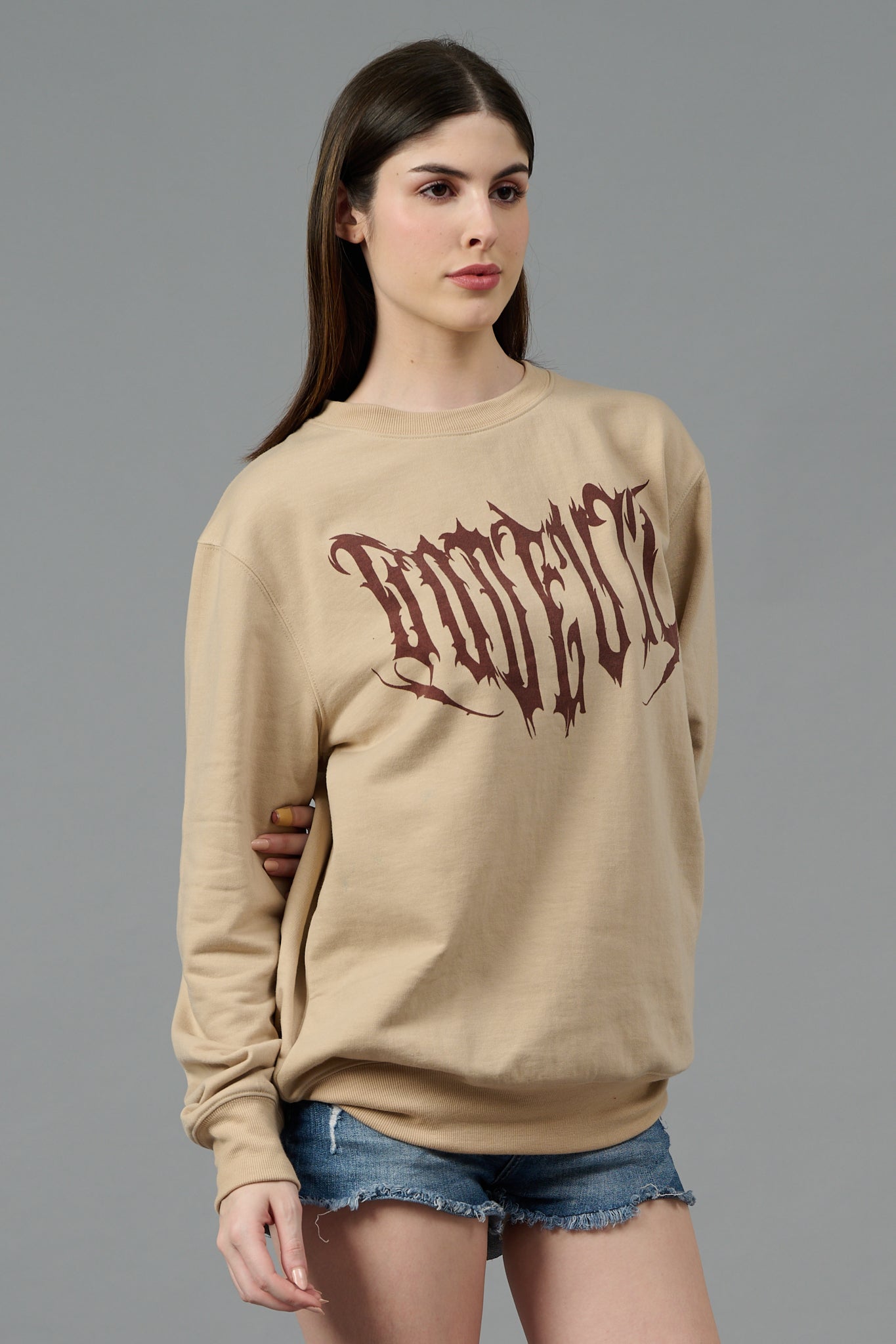 Designer Go Devil Printed Beige Sweatshirt for Women