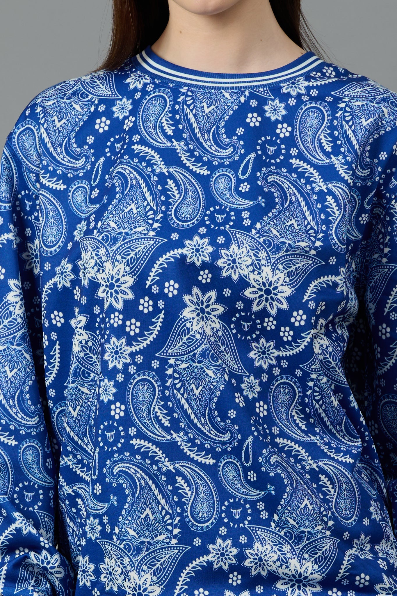 Paisley Design Printed Blue Sweatshirt for Women