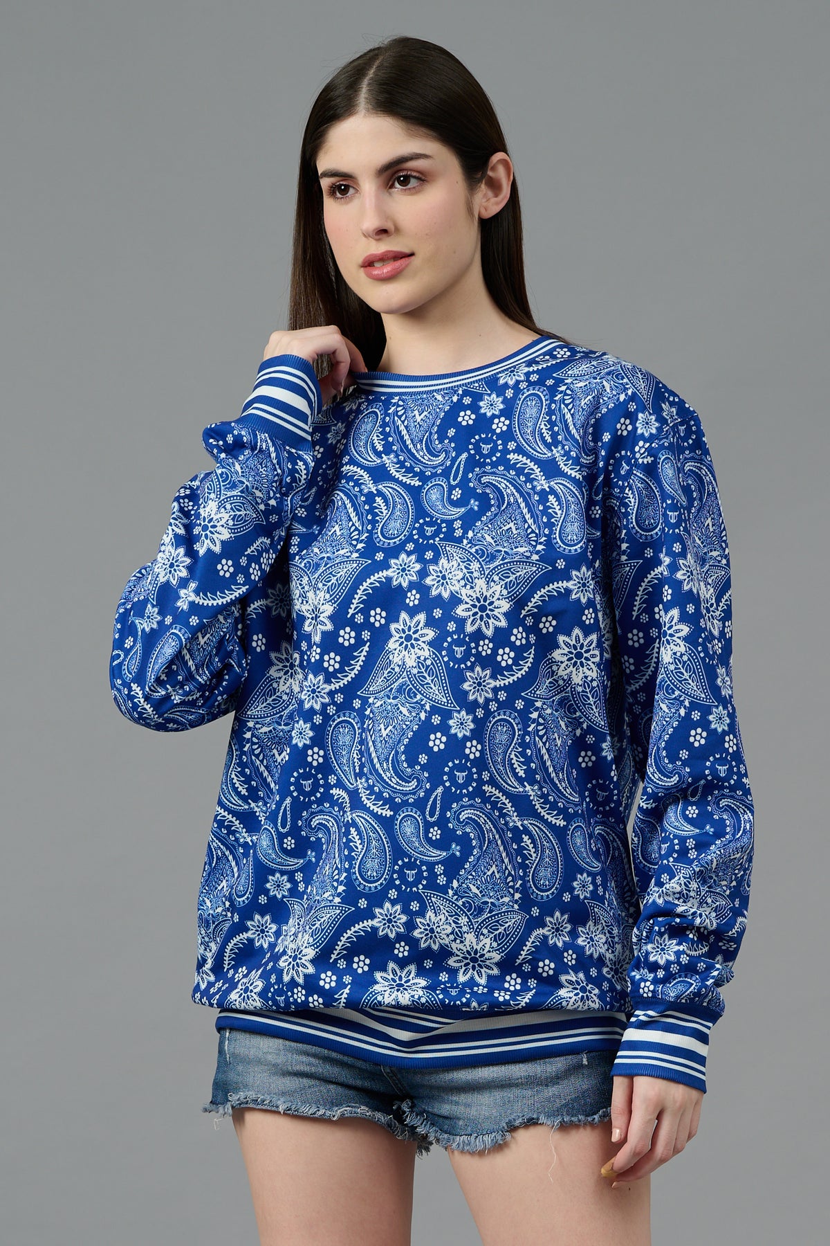 Paisley Design Printed Blue Sweatshirt for Women