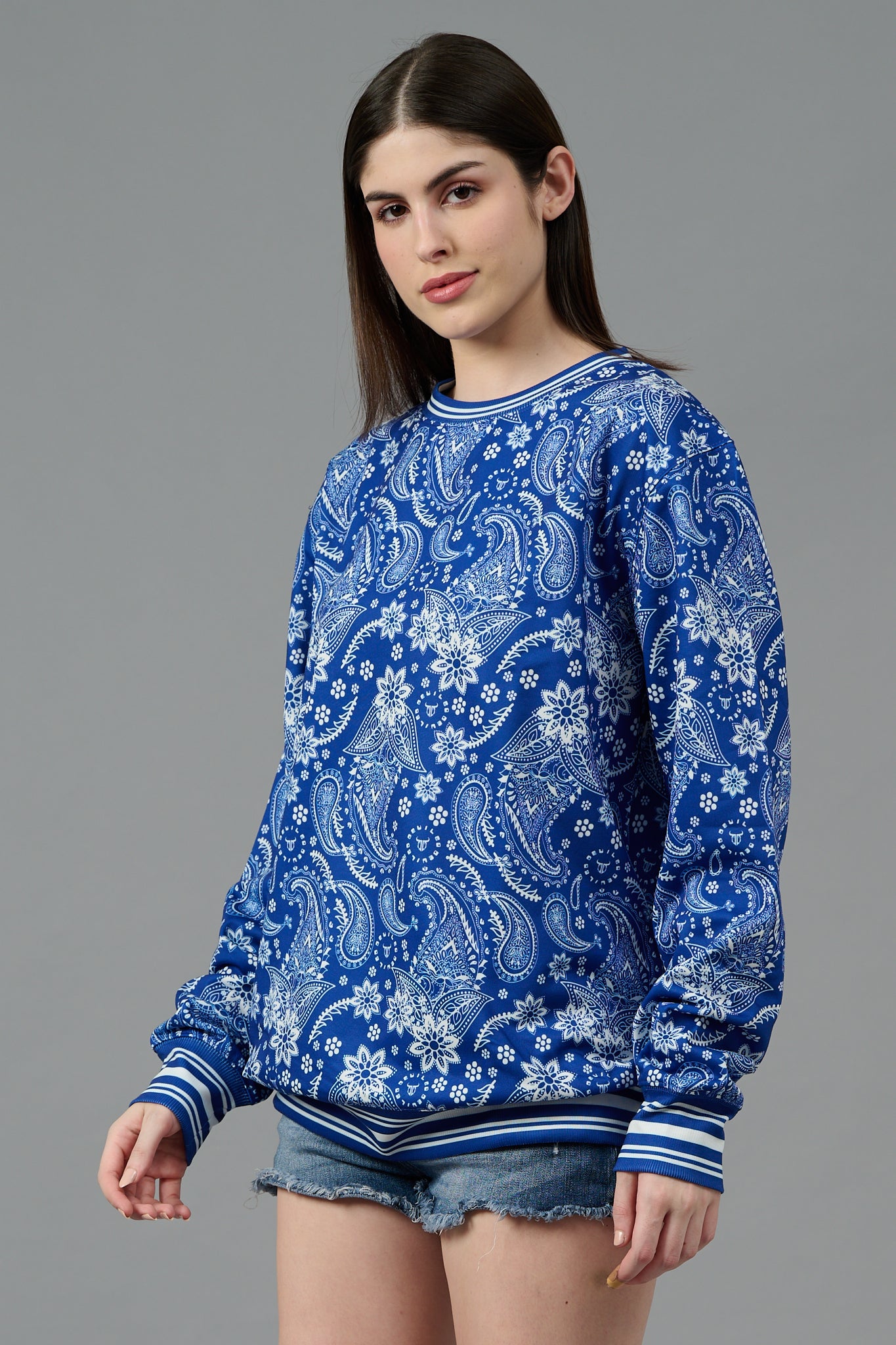 Paisley Design Printed Blue Sweatshirt for Women