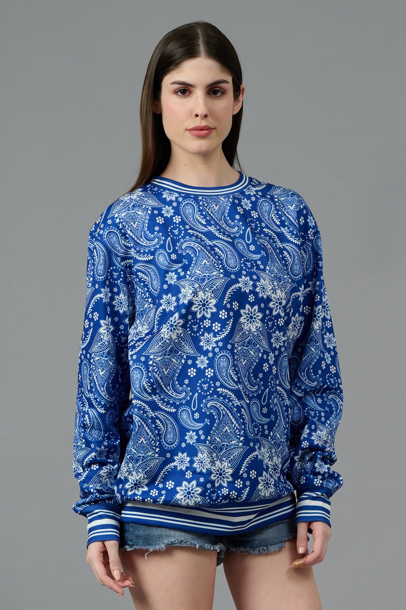 Paisley Design Printed Blue Sweatshirt for Women