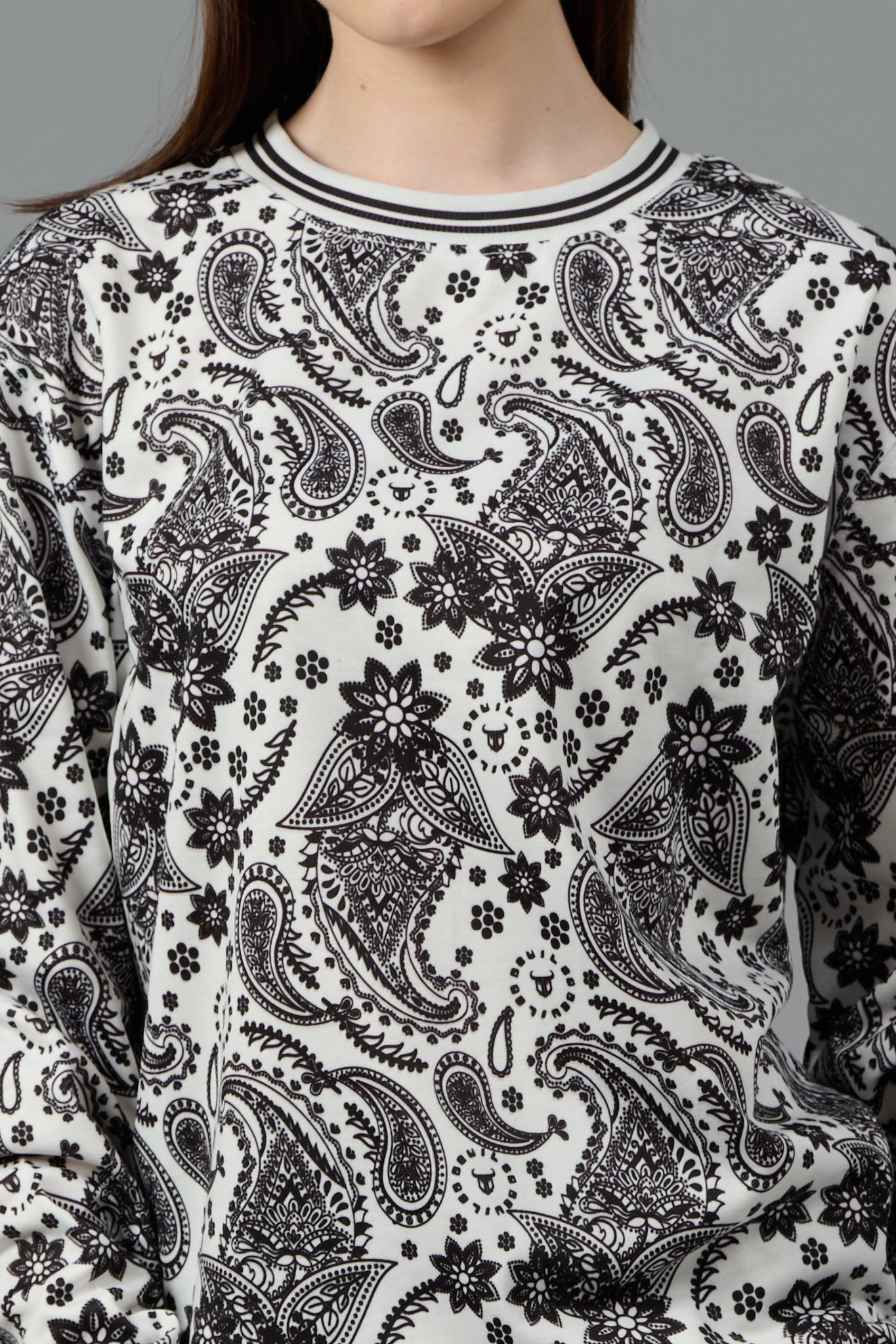 Paisley Design Printed White Sweatshirt for Women