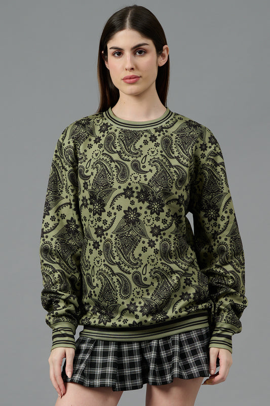 Paisley Design Printed Green Sweatshirt for Women