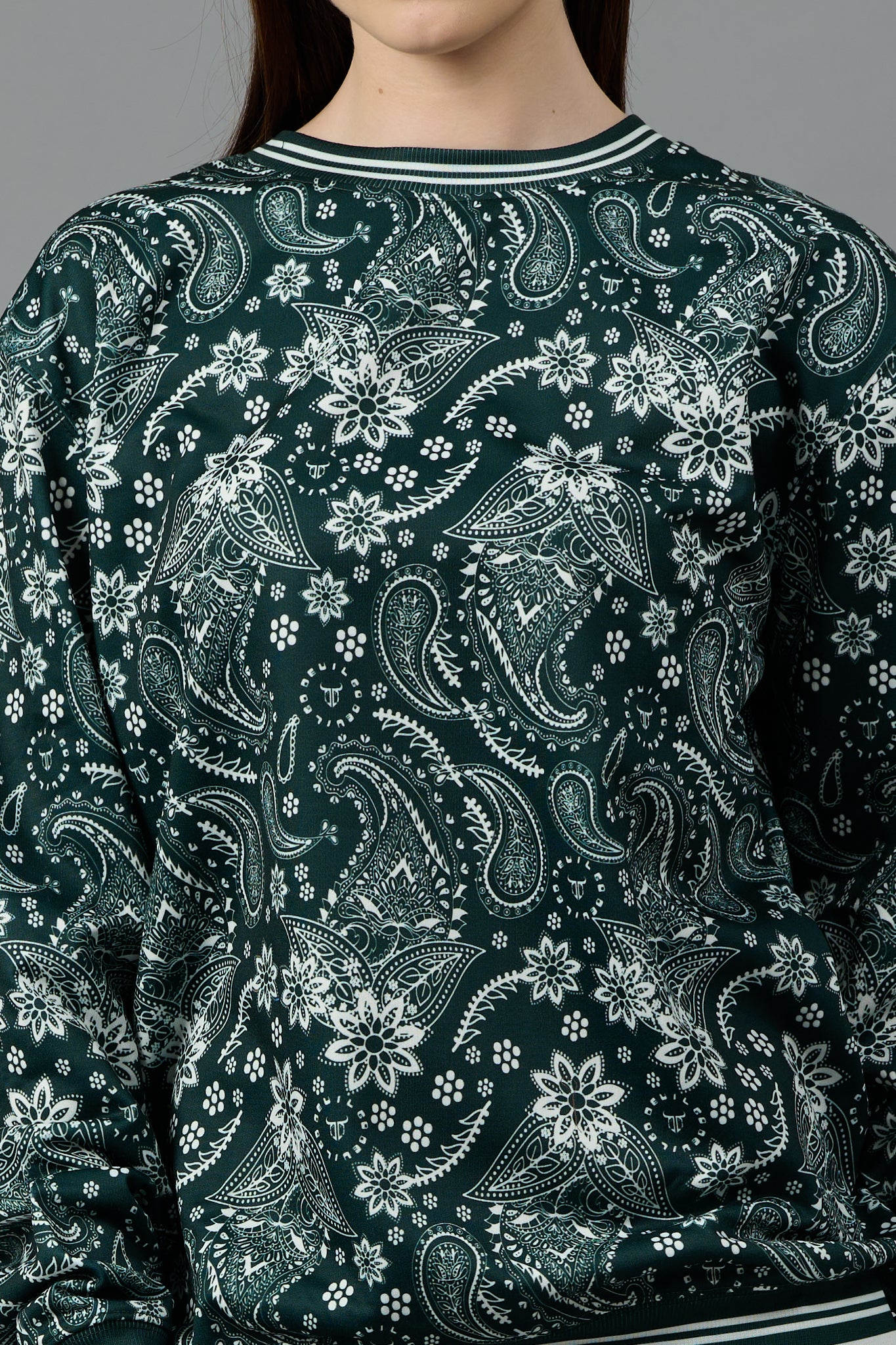 Paisley Design Printed Dark Green Sweatshirt for Women