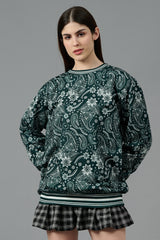 Paisley Design Printed Dark Green Sweatshirt for Women