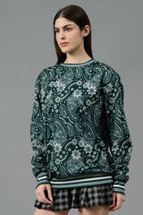 Paisley Design Printed Dark Green Sweatshirt for Women