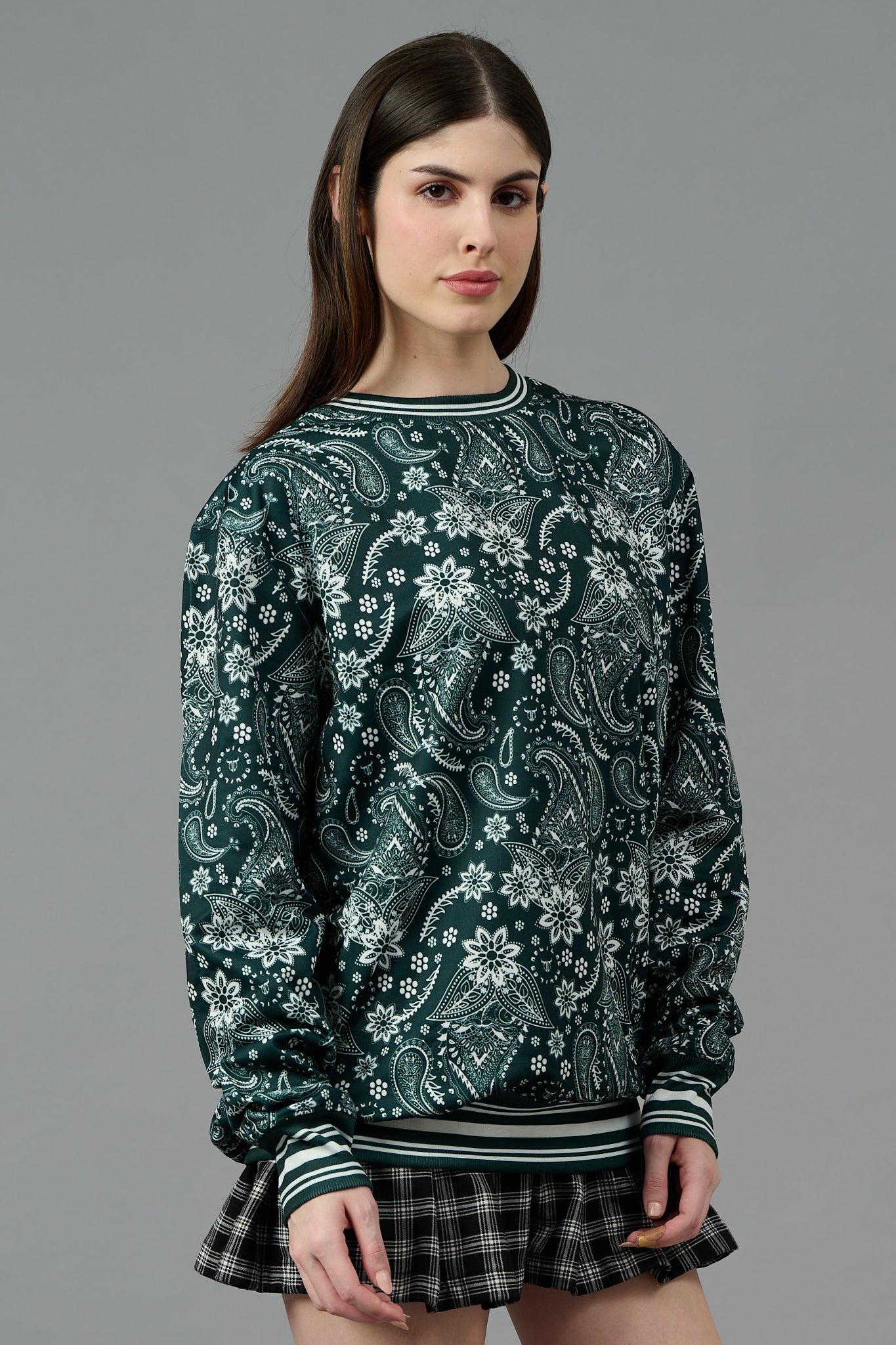 Paisley Design Printed Dark Green Sweatshirt for Women