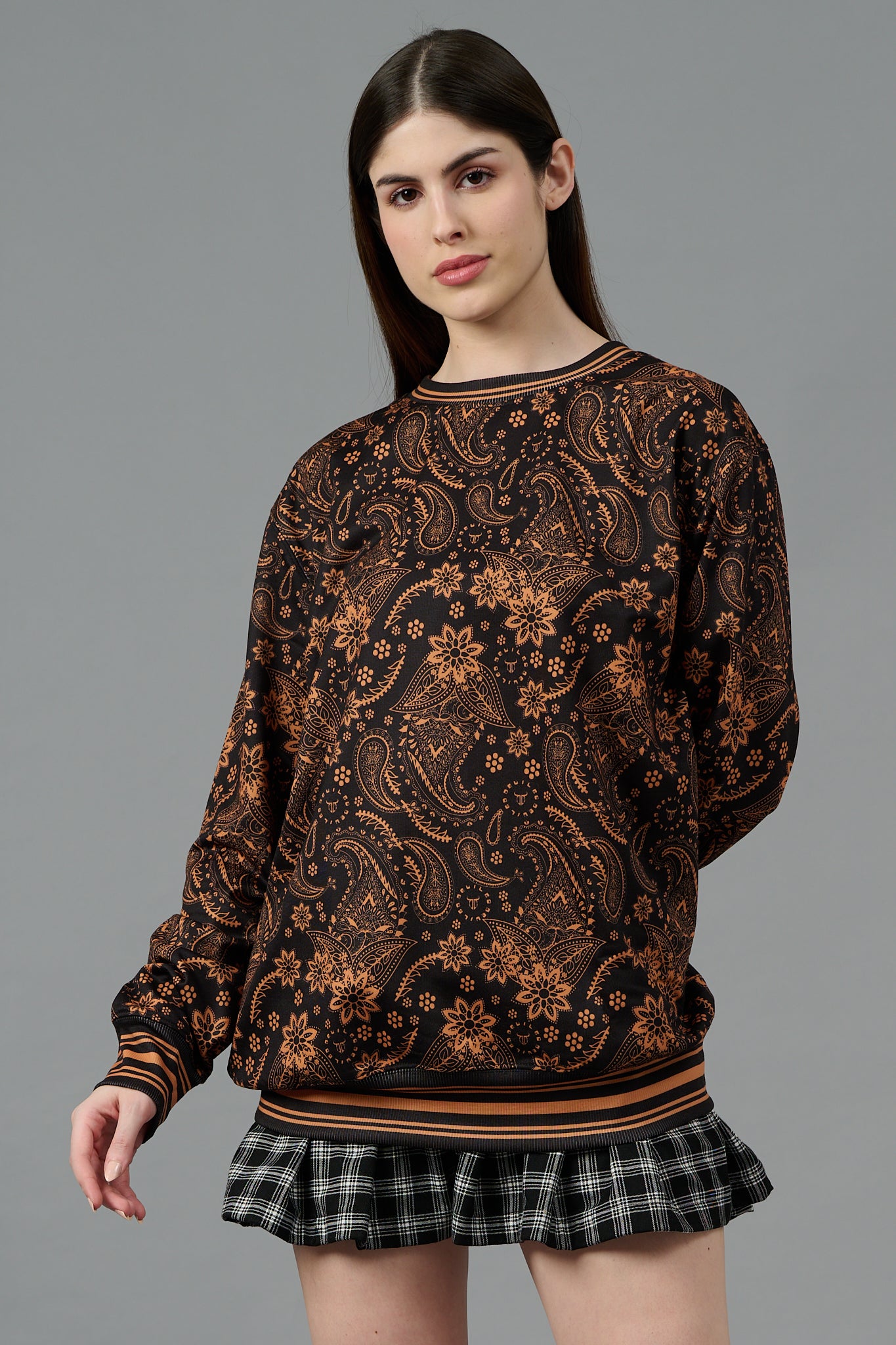 Paisley Design (in Brown) Printed Black Sweatshirt for Women