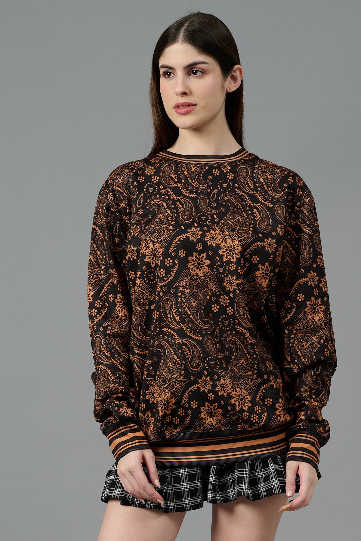 Paisley Design (in Brown) Printed Black Sweatshirt for Women