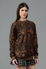 Paisley Design (in Brown) Printed Black Sweatshirt for Women