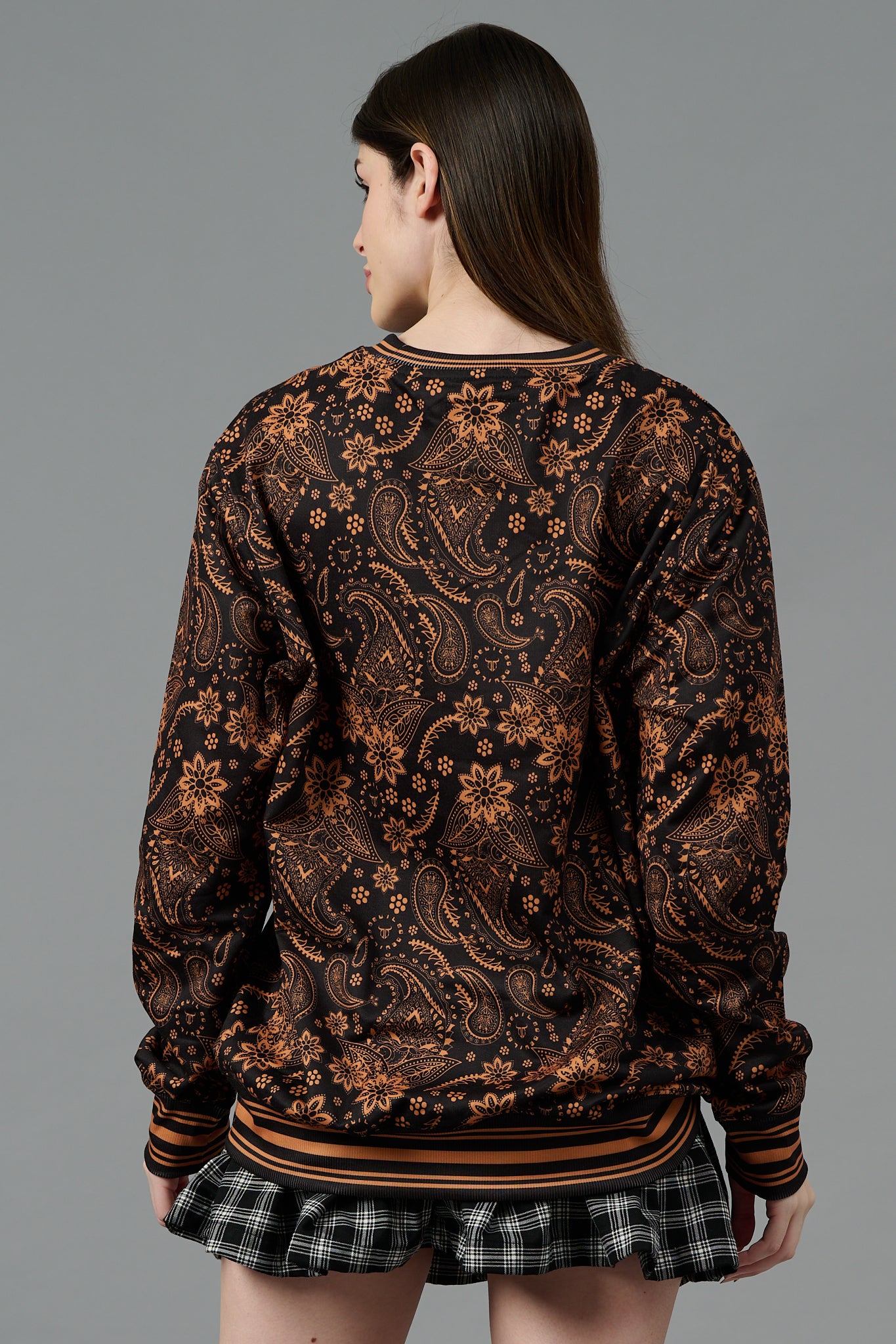 Paisley Design (in Brown) Printed Black Sweatshirt for Women