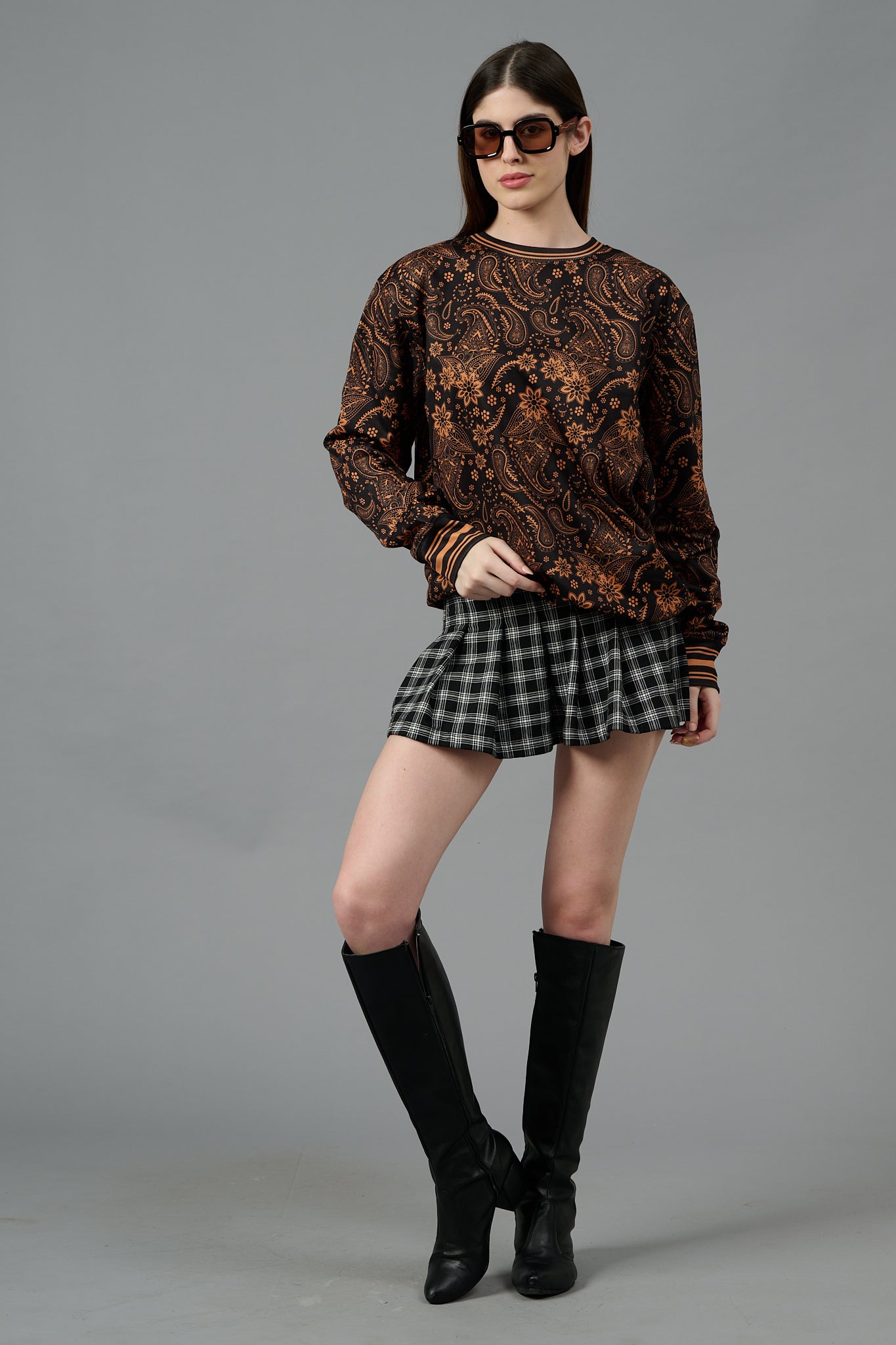 Paisley Design (in Brown) Printed Black Sweatshirt for Women