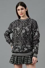 Paisley Design Printed Black Sweatshirt for Women