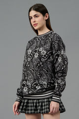 Paisley Design Printed Black Sweatshirt for Women