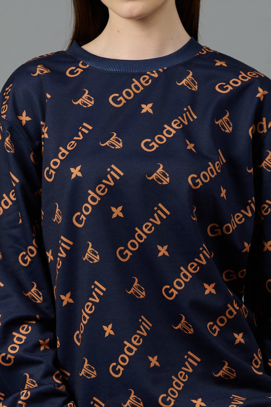 Go Devil All Over Print Dark Blue Sweatshirt for Women