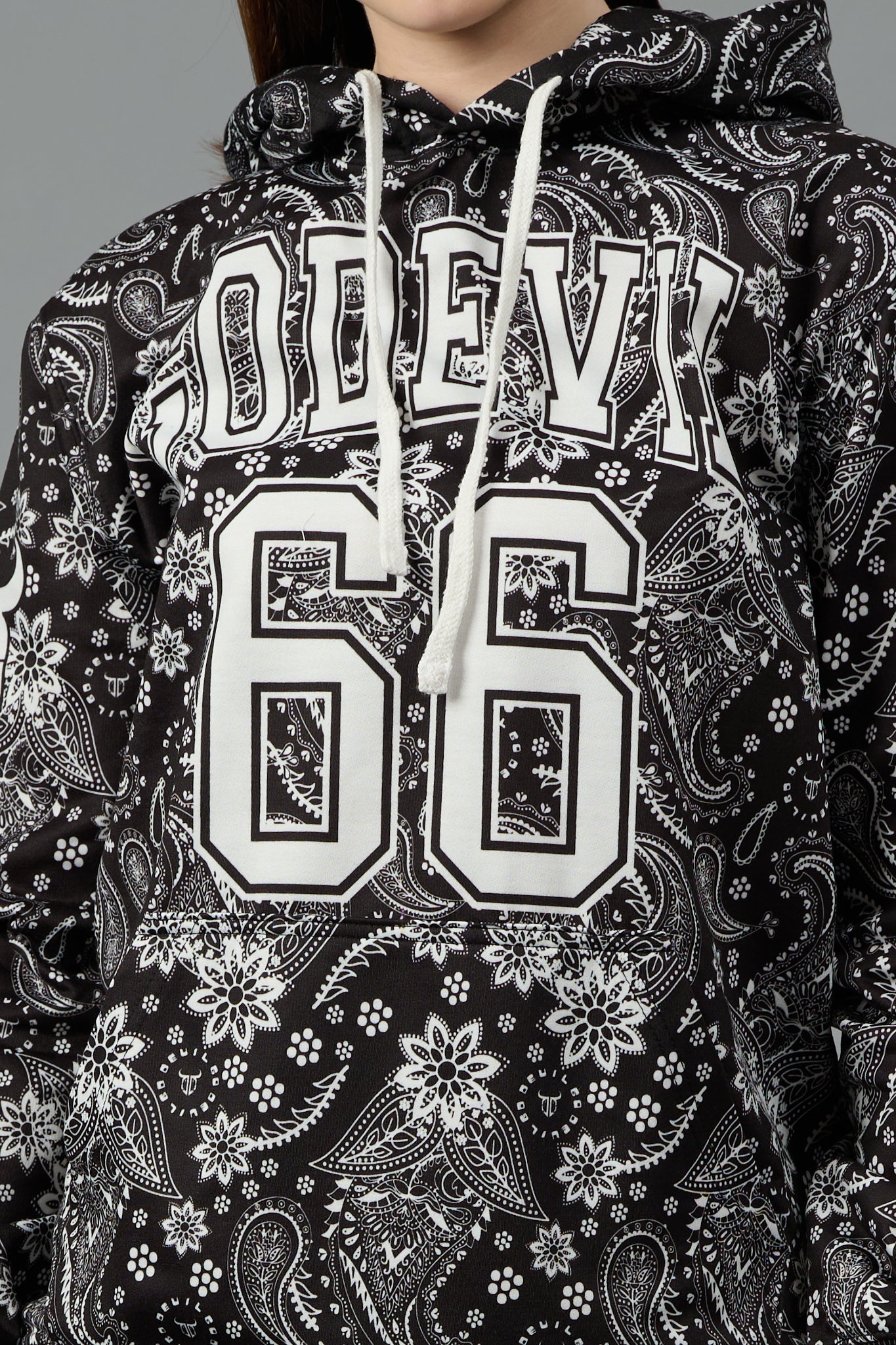 Go Devil 66 & Paisley Design Printed Black Hoodie for Women