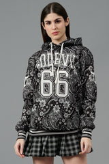 Go Devil 66 & Paisley Design Printed Black Hoodie for Women