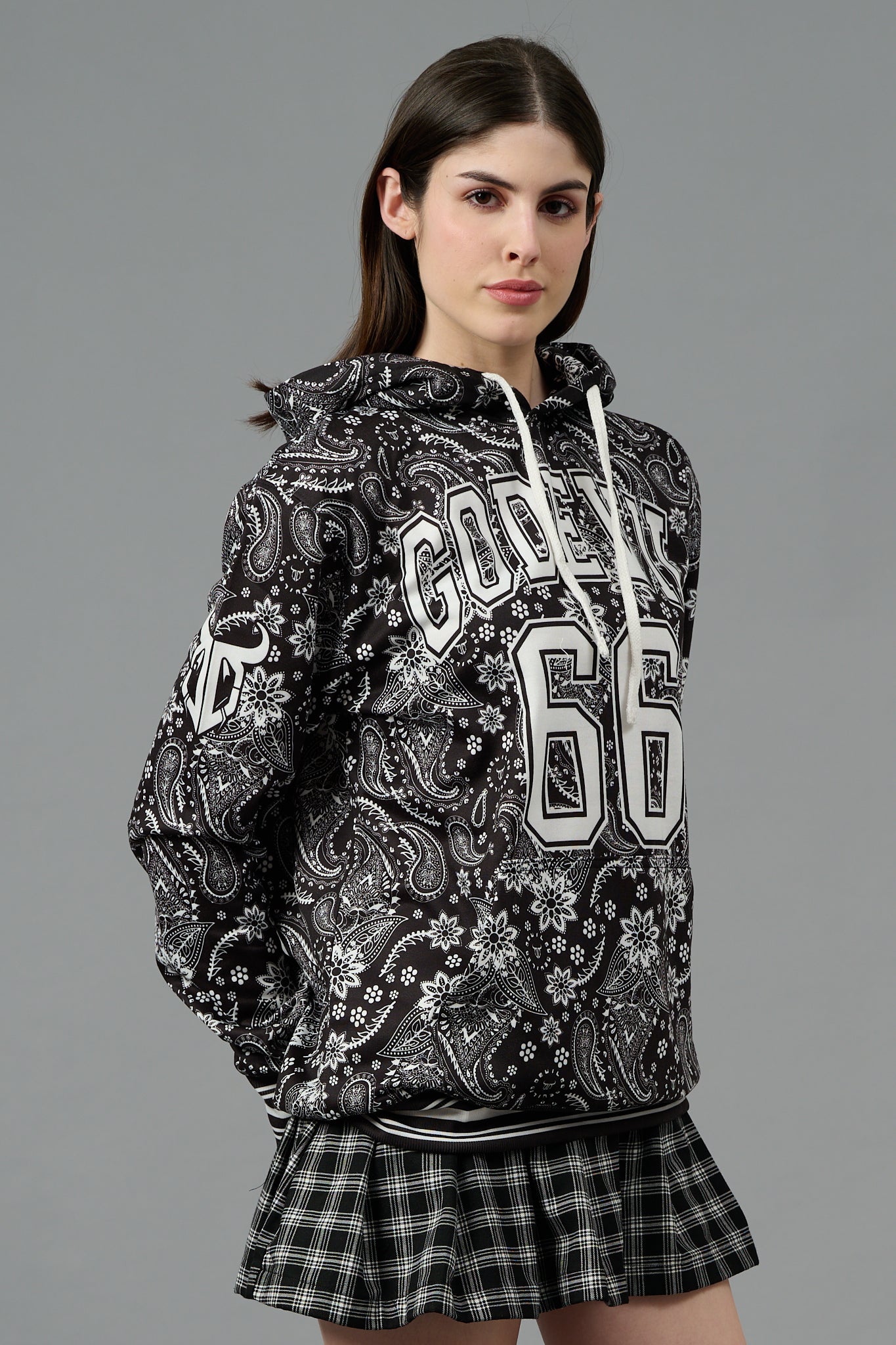 Go Devil 66 & Paisley Design Printed Black Hoodie for Women