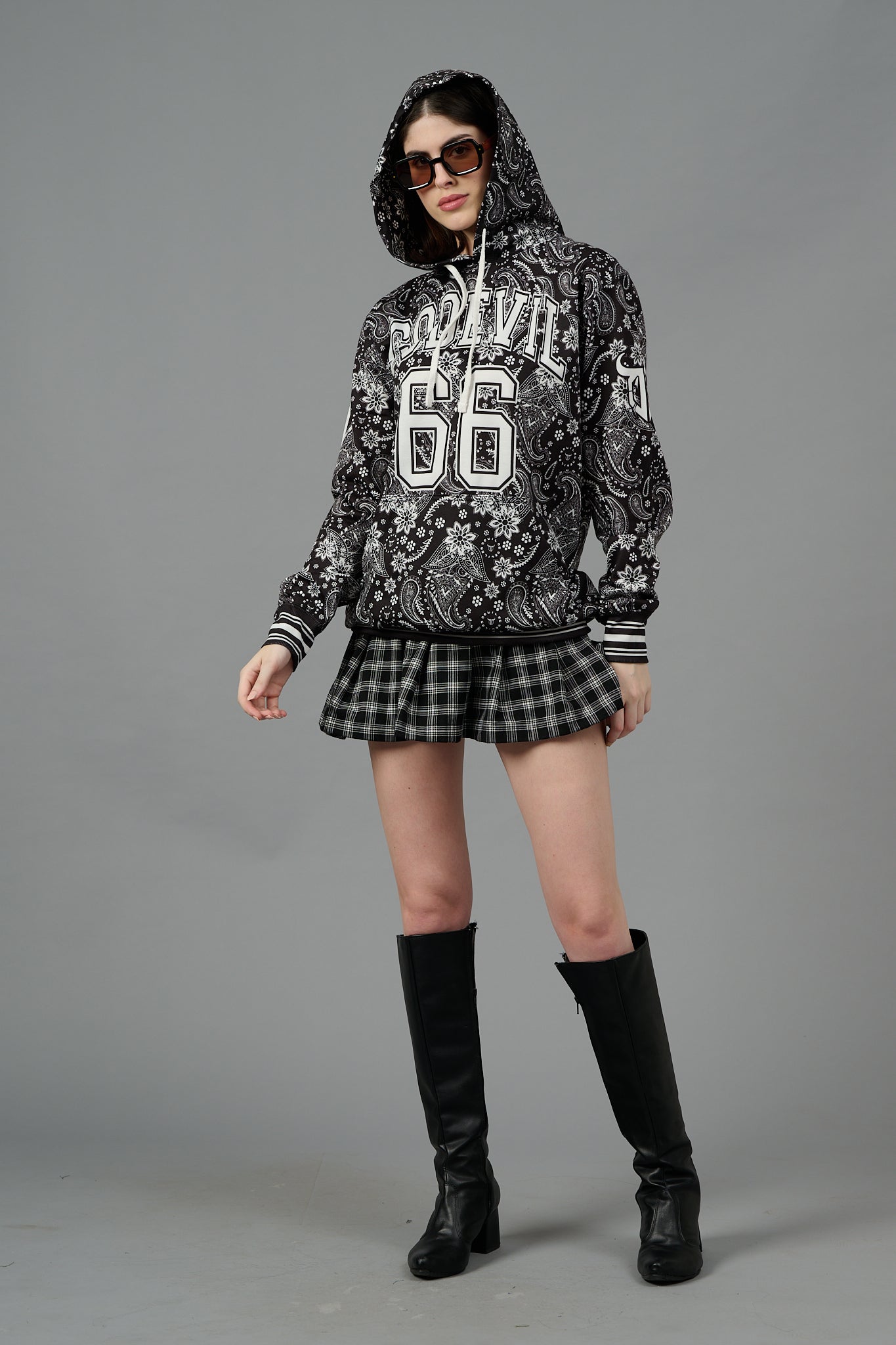 Go Devil 66 & Paisley Design Printed Black Hoodie for Women