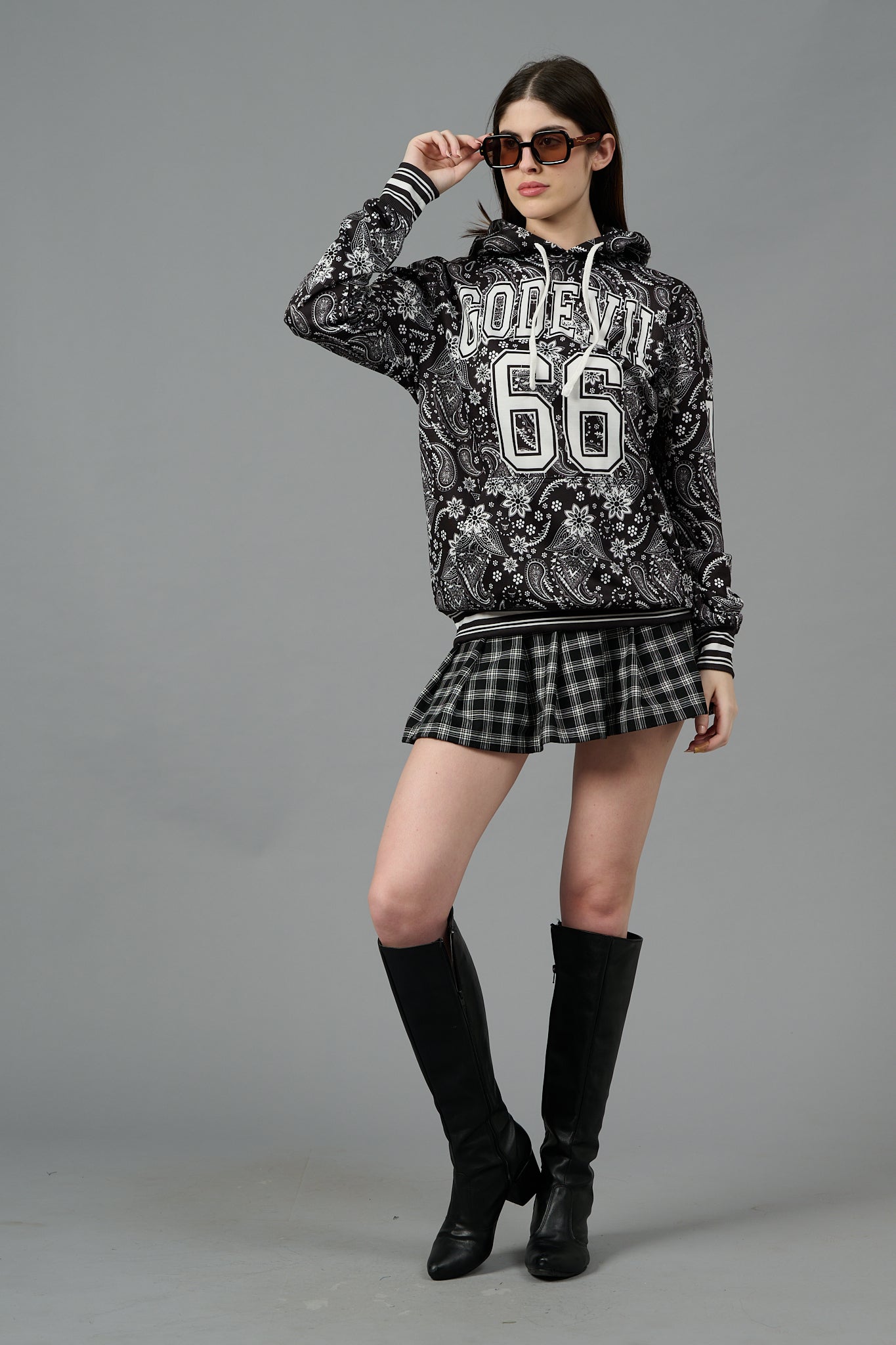 Go Devil 66 & Paisley Design Printed Black Hoodie for Women