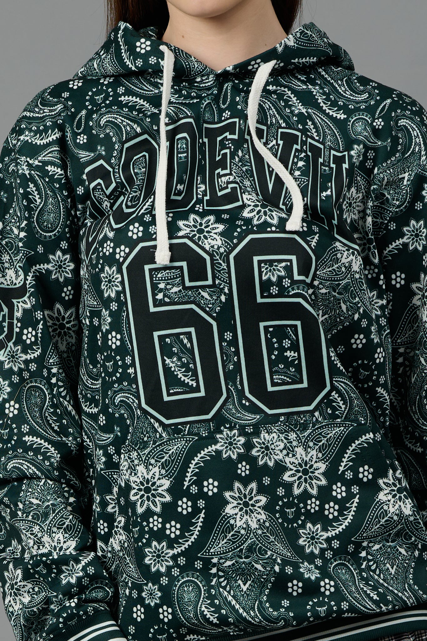 Go Devil 66 & Paisley Design Printed Dark Green Hoodie for Women