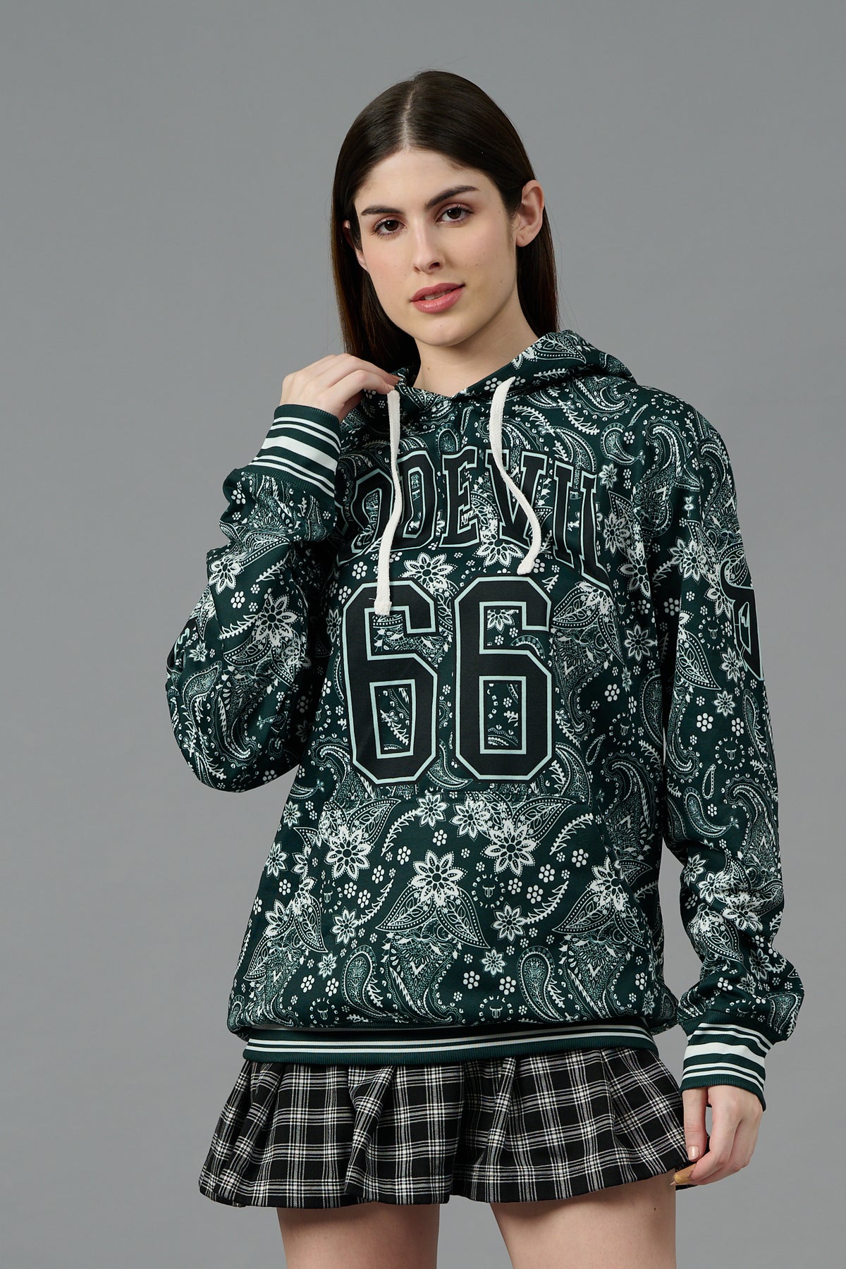 Go Devil 66 & Paisley Design Printed Dark Green Hoodie for Women