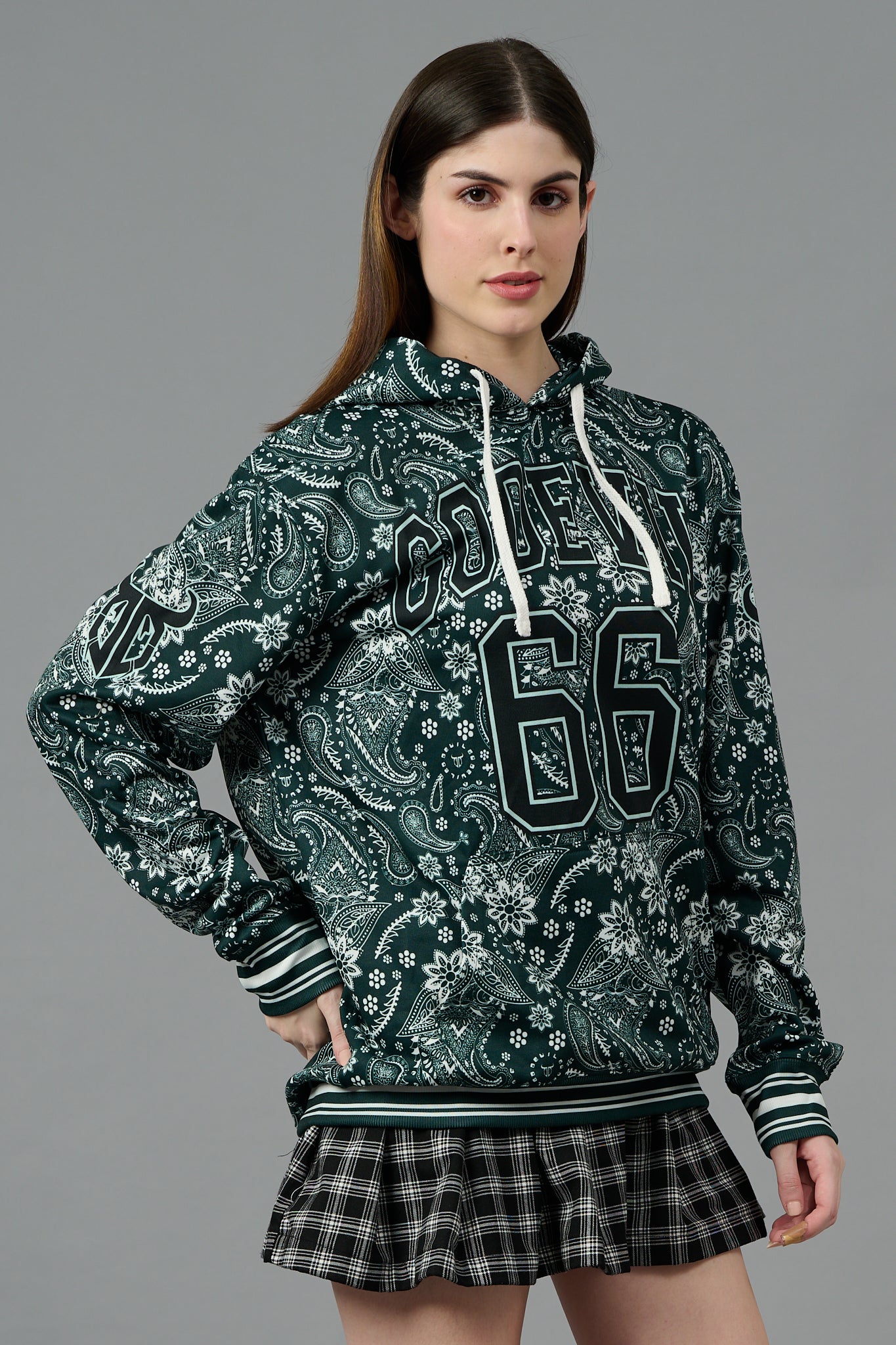 Go Devil 66 & Paisley Design Printed Dark Green Hoodie for Women