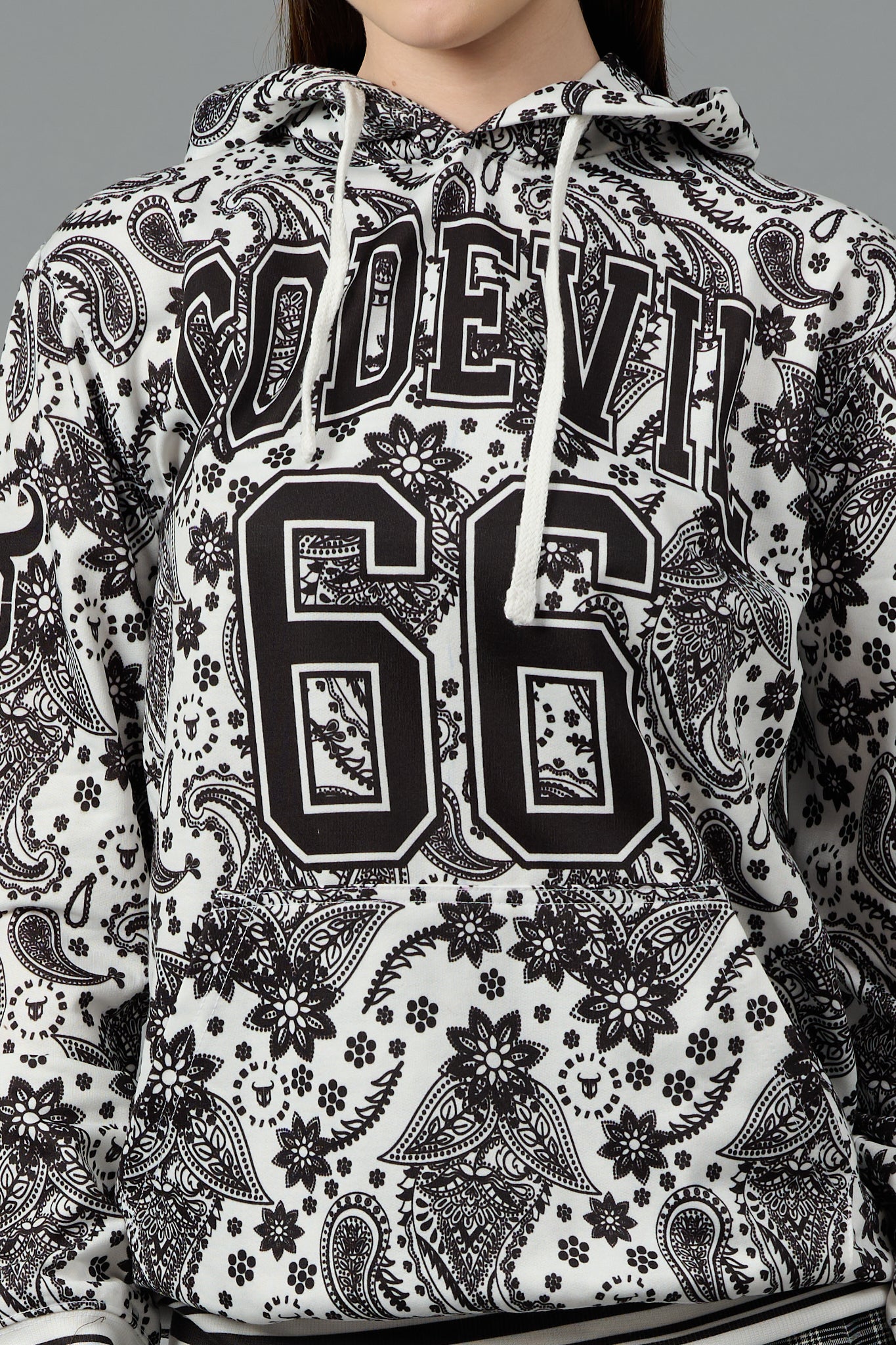 Go Devil 66 & Paisley Design Printed White Hoodie for Women