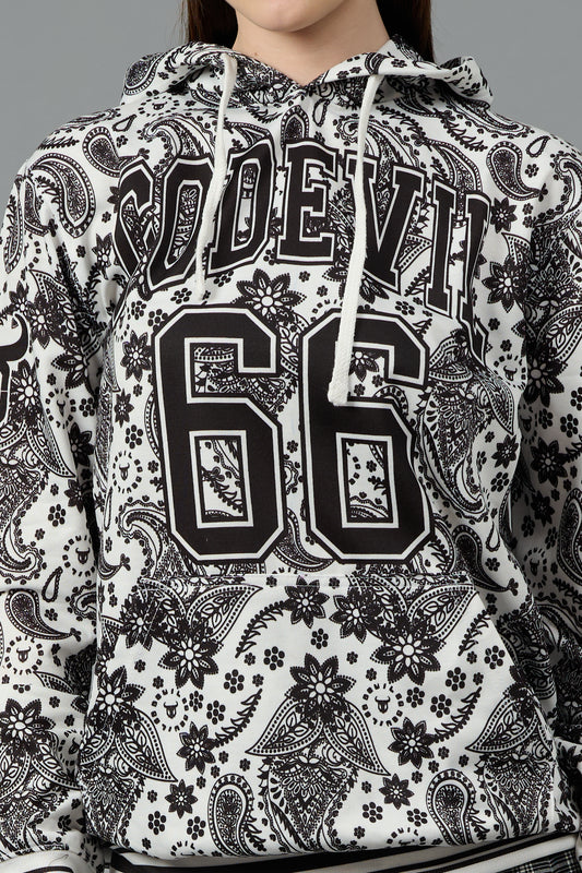 Go Devil 66 & Paisley Design Printed White Hoodie for Women