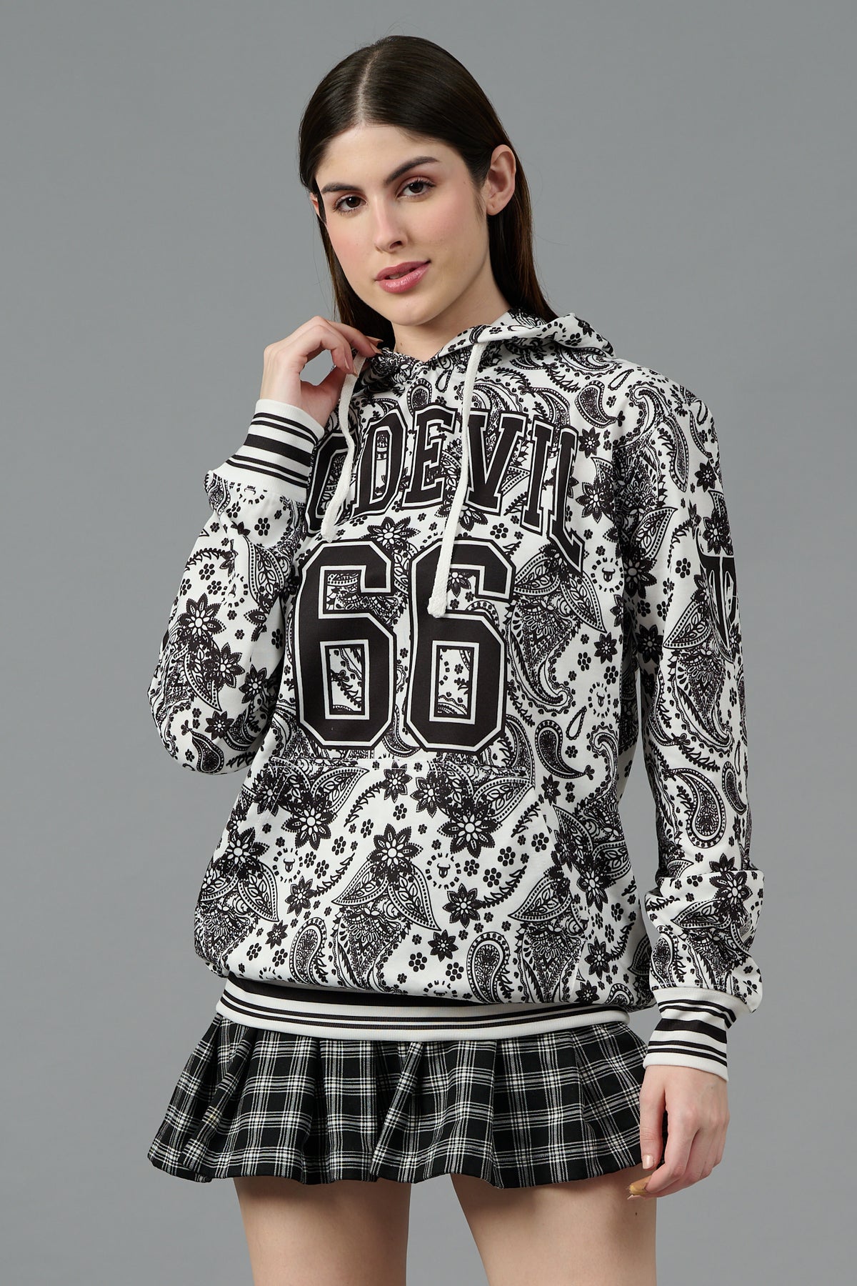 Go Devil 66 & Paisley Design Printed White Hoodie for Women