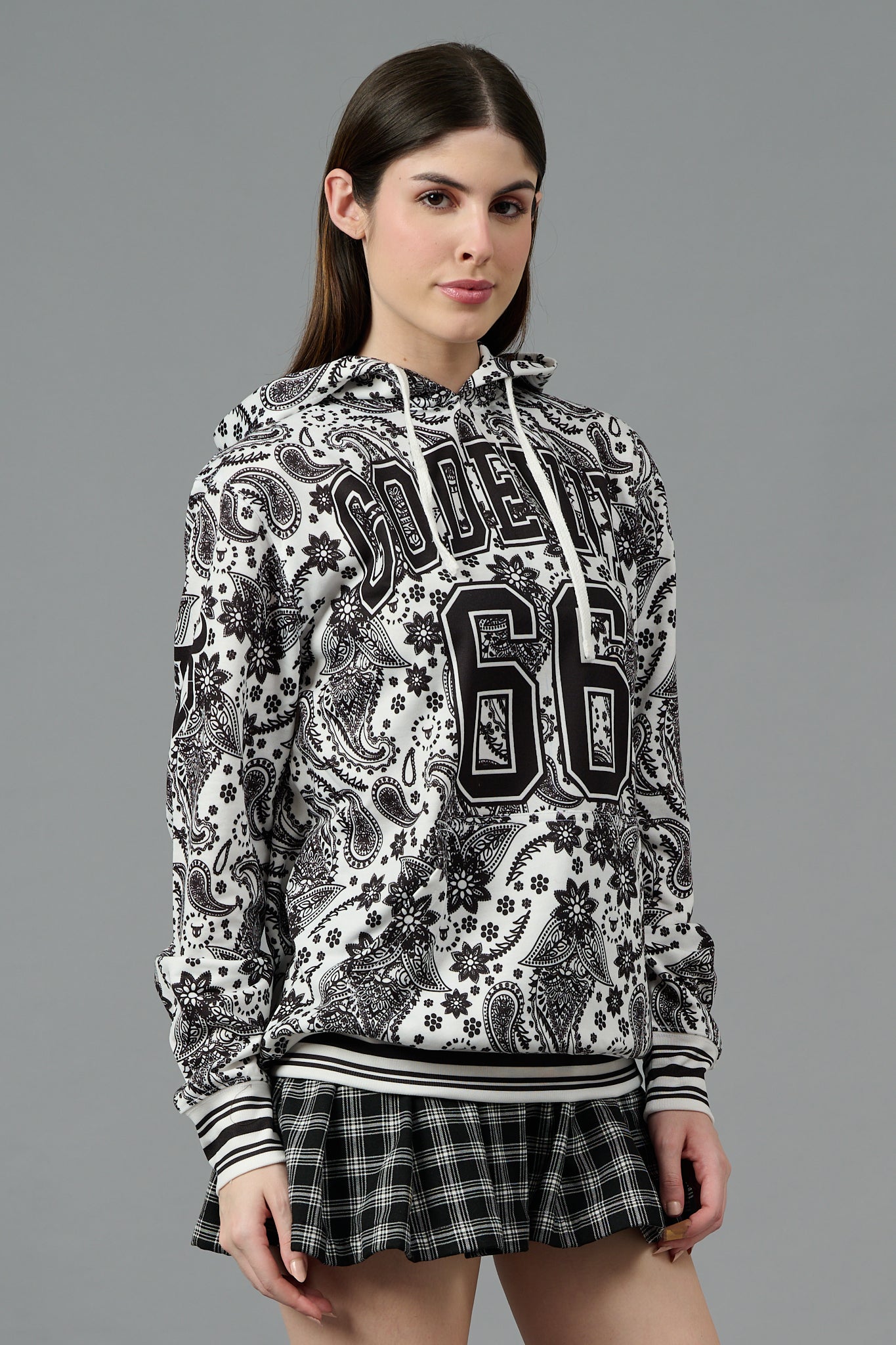 Go Devil 66 & Paisley Design Printed White Hoodie for Women