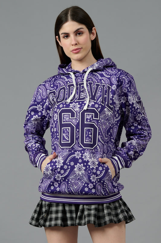 Go Devil 66 & Paisley Design Printed Purple Hoodie for Women