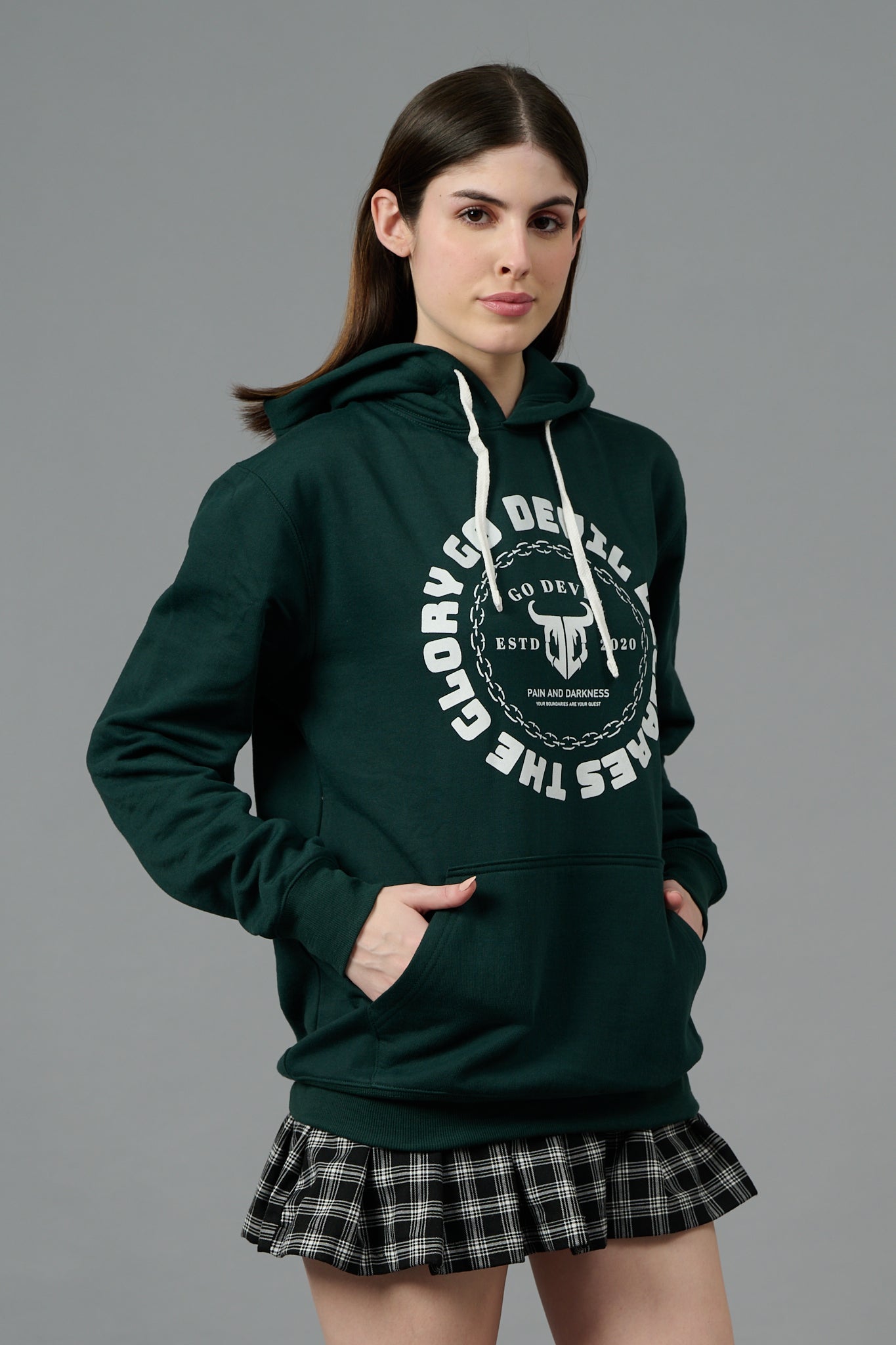 Go Devil Logo Printed Dark Green Hoodie for Women