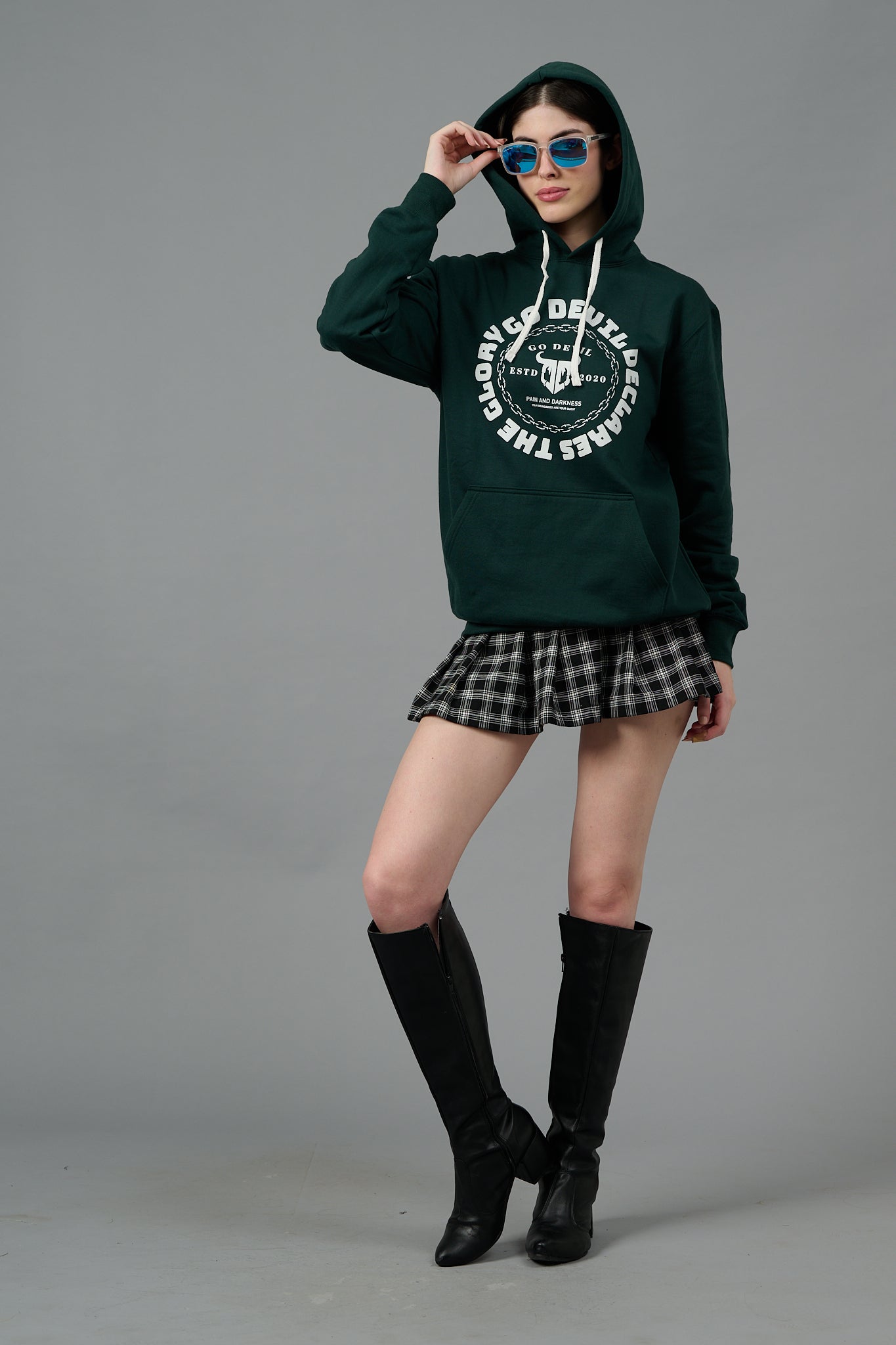 Go Devil Logo Printed Dark Green Hoodie for Women