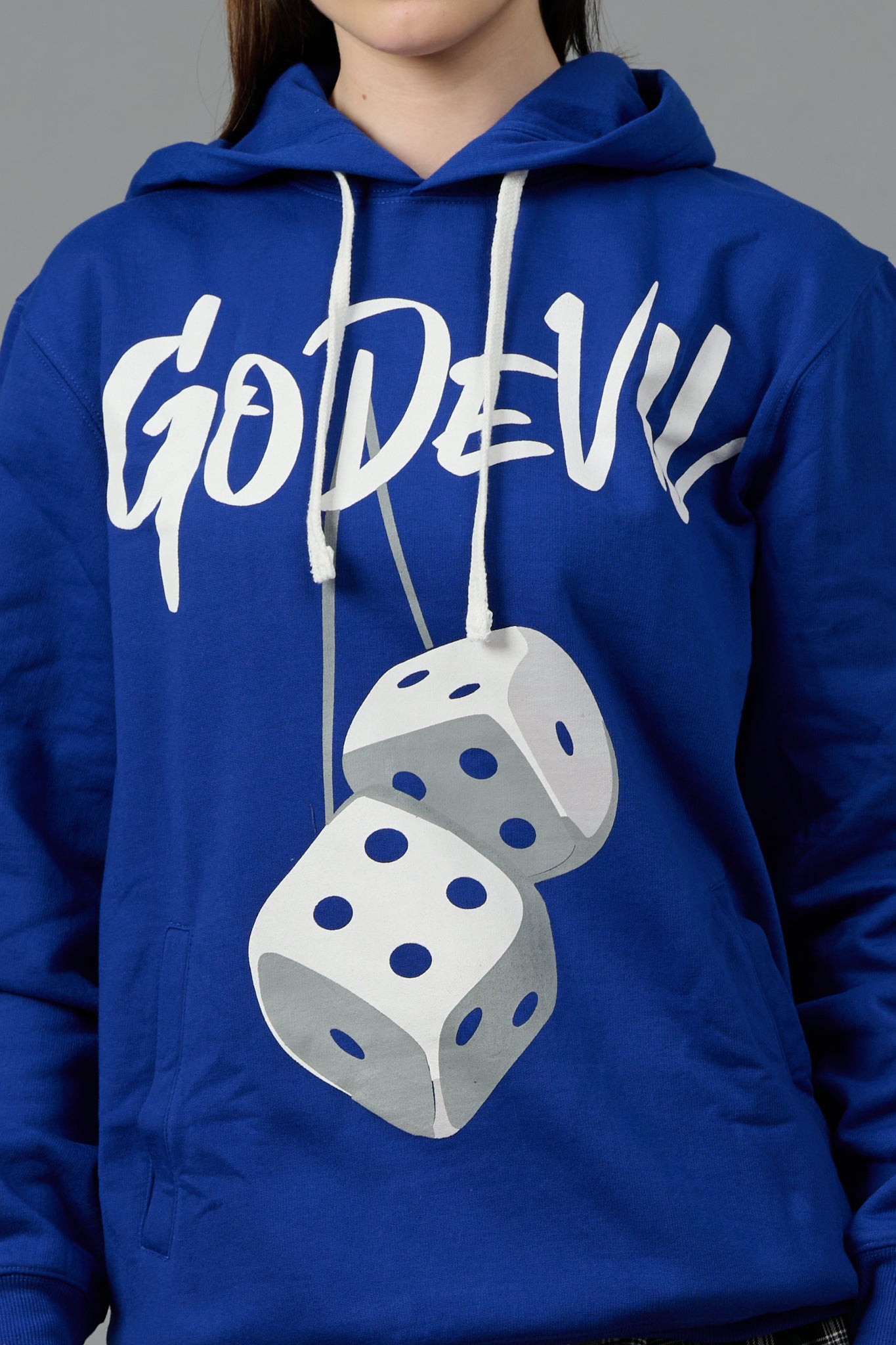 Go Devil Dice Printed Dark Blue Hoodie for Women