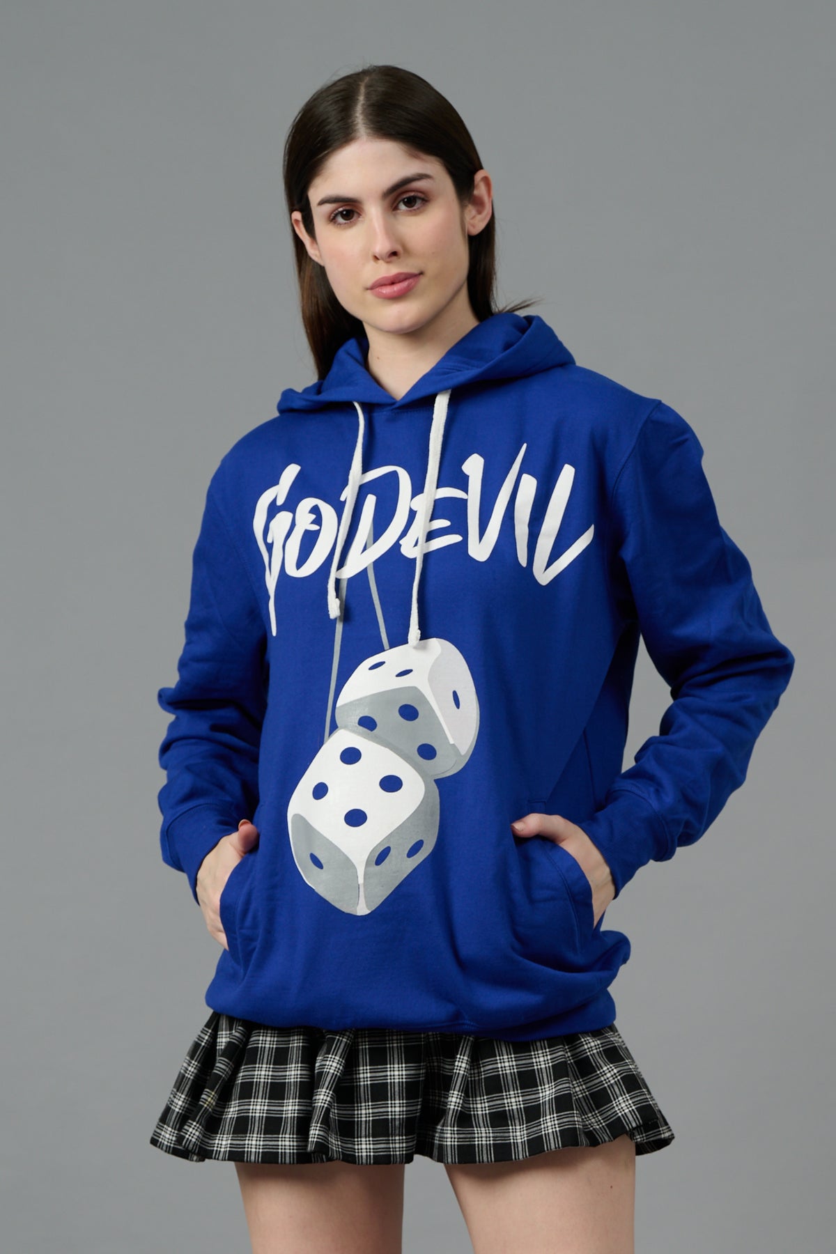 Go Devil Dice Printed Dark Blue Hoodie for Women